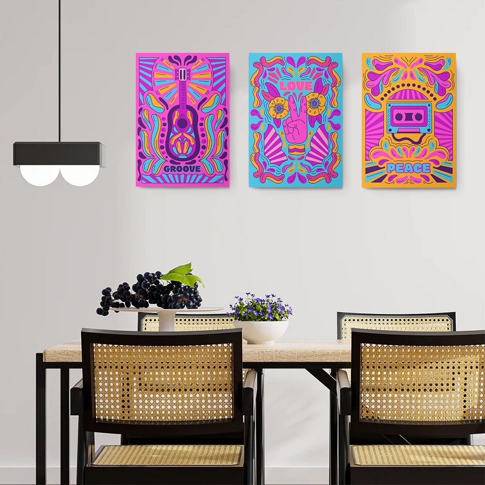 Set 3 tablouri afise muzica stil hippie - Dimensiune multicanvas: 3 tablouri 30x45 cm Set 3 tablouri afise muzica stil hippie - Dimensiune multicanvas: 3 tablouri 30x45 cm