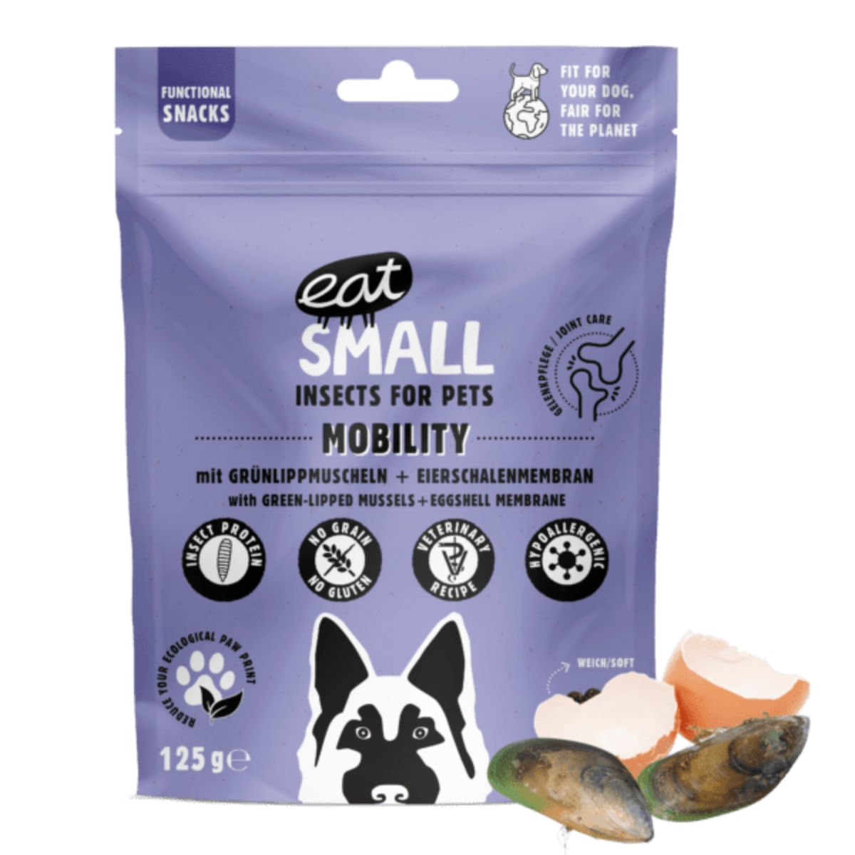 EAT SMALL Mobility Snack, XS-XL, Insecte, punguță, resigilabil recompense funcționale fără cereale câini, sistem articular, 125g EAT SMALL Mobility Snack, XS-XL, Insecte, punguță, resigilabil recompense funcționale fără cereale câini, sistem articular, 125g