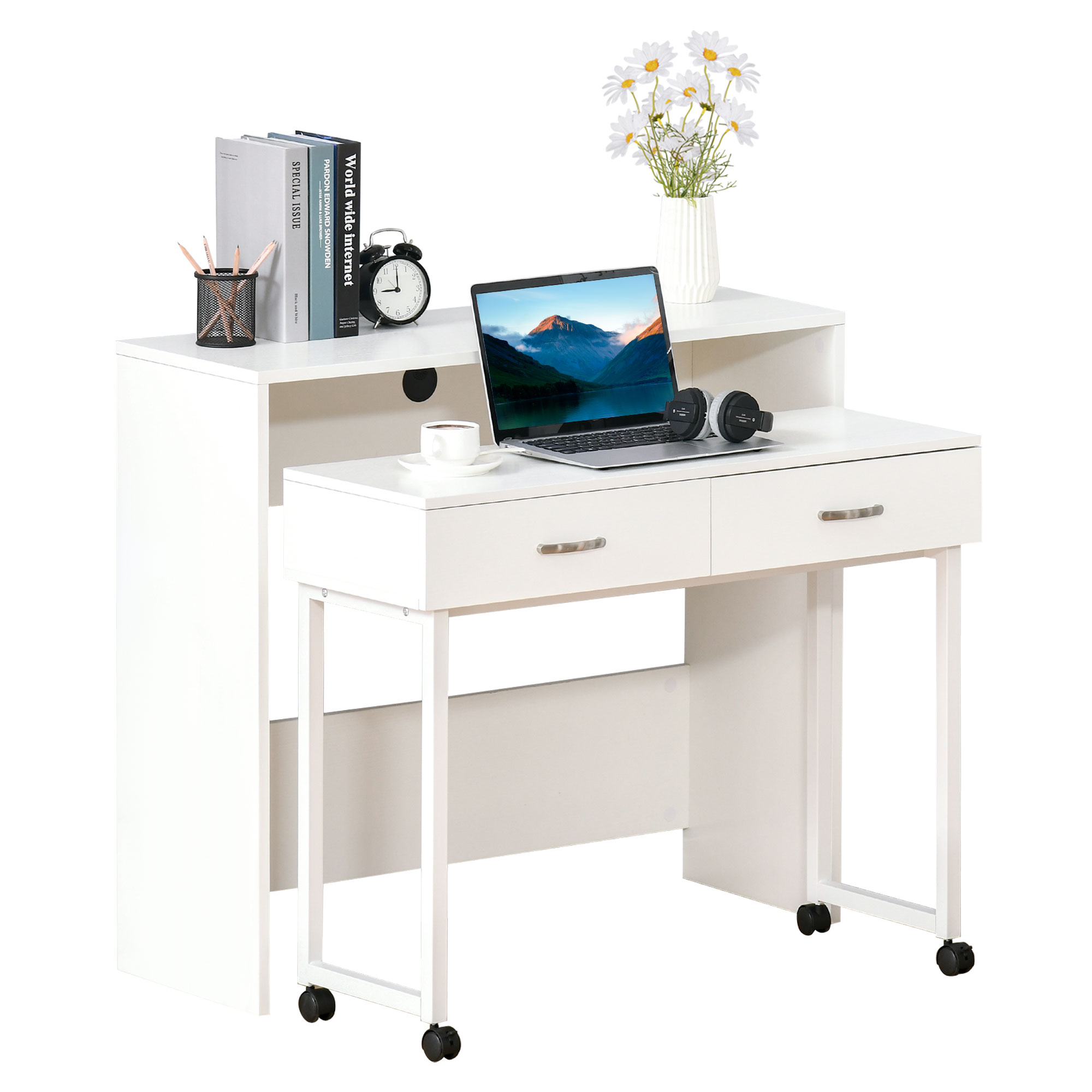 HOMCOM Birou Dublu Ergonomic Separabil cu Role, Rafturi Interioare pentru Organizare Eficientă, Design Modern, Alb, 100x36x88 cm | Aosom Romania HOMCOM Birou Dublu Ergonomic Separabil cu Role, Rafturi Interioare pentru Organizare Eficientă, Design Modern, Alb, 100x36x88 cm | Aosom Romania