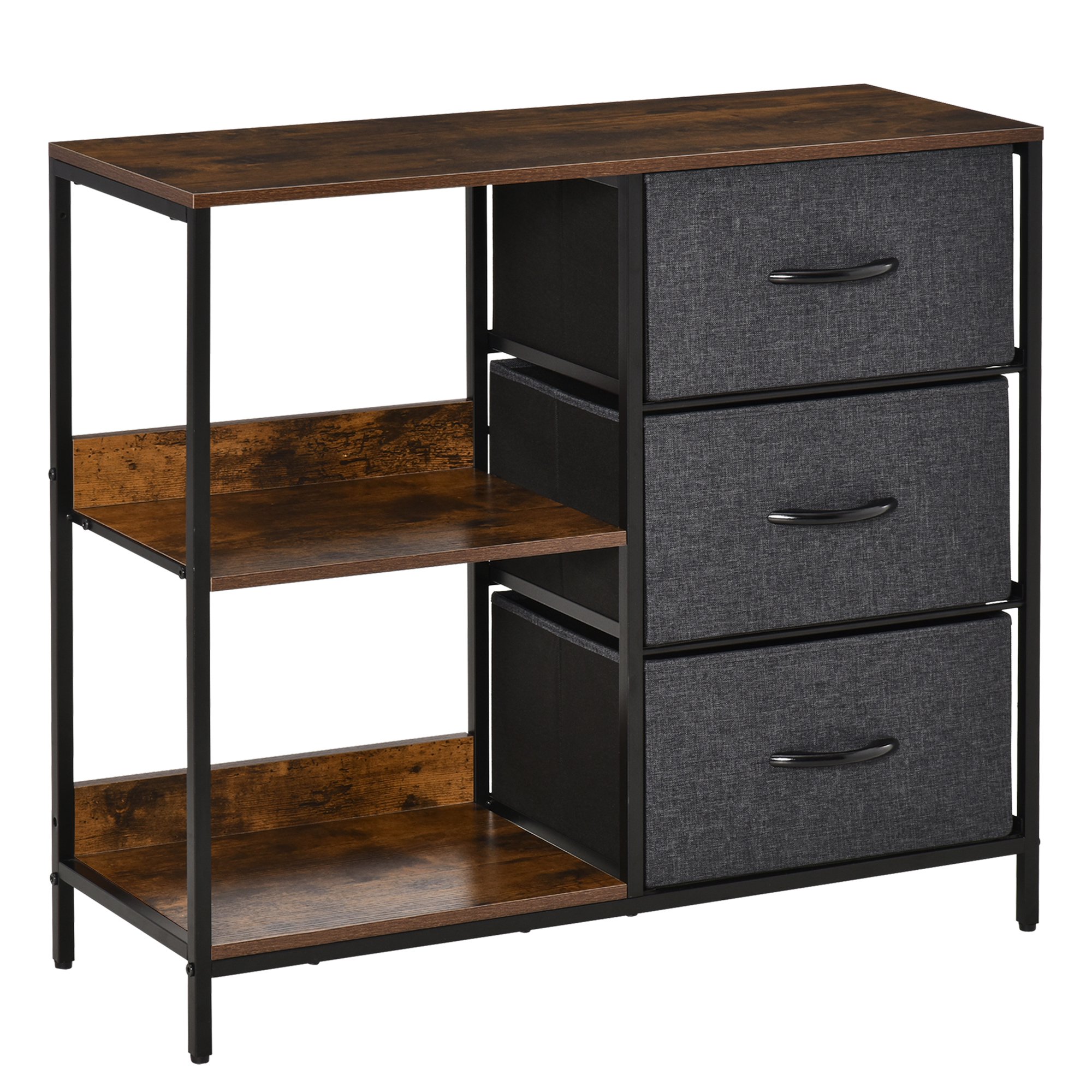 HOMCOM Comodă Mobilă Multifuncțională cu 2 Rafturi Deschise și 3 Sertare Pliabile, 80x29x71 cm, Maro Rustic, Gri Închis, Negru | Aosom Romania HOMCOM Comodă Mobilă Multifuncțională cu 2 Rafturi Deschise și 3 Sertare Pliabile, 80x29x71 cm, Maro Rustic, Gri Închis, Negru | Aosom Romania