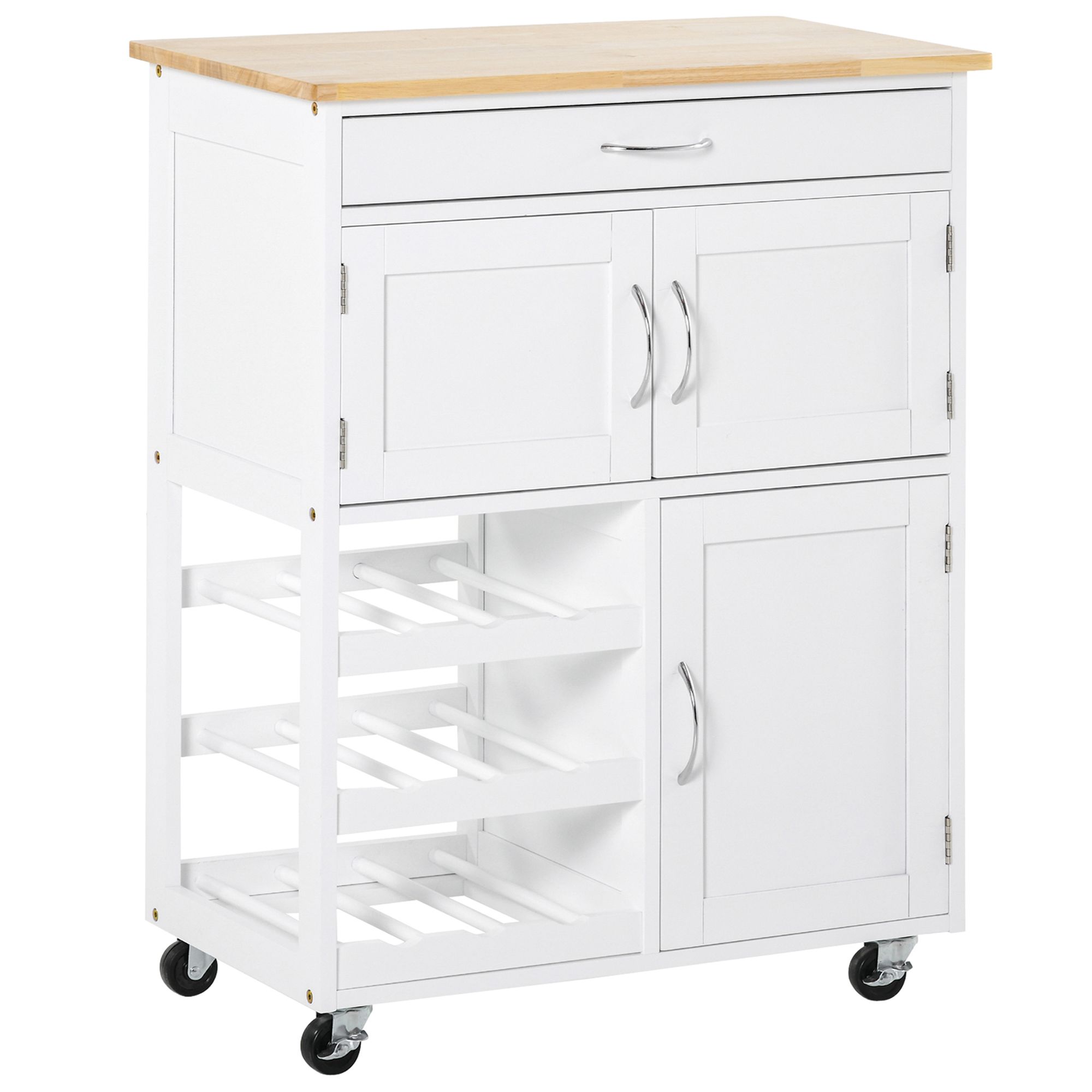 HOMCOM Cărucior Bucătărie cu Suport Sticle, Lemn de Cauciuc și MDF, 67x37x87cm, Design Elegant, Alb | Aosom Romania HOMCOM Cărucior Bucătărie cu Suport Sticle, Lemn de Cauciuc și MDF, 67x37x87cm, Design Elegant, Alb | Aosom Romania