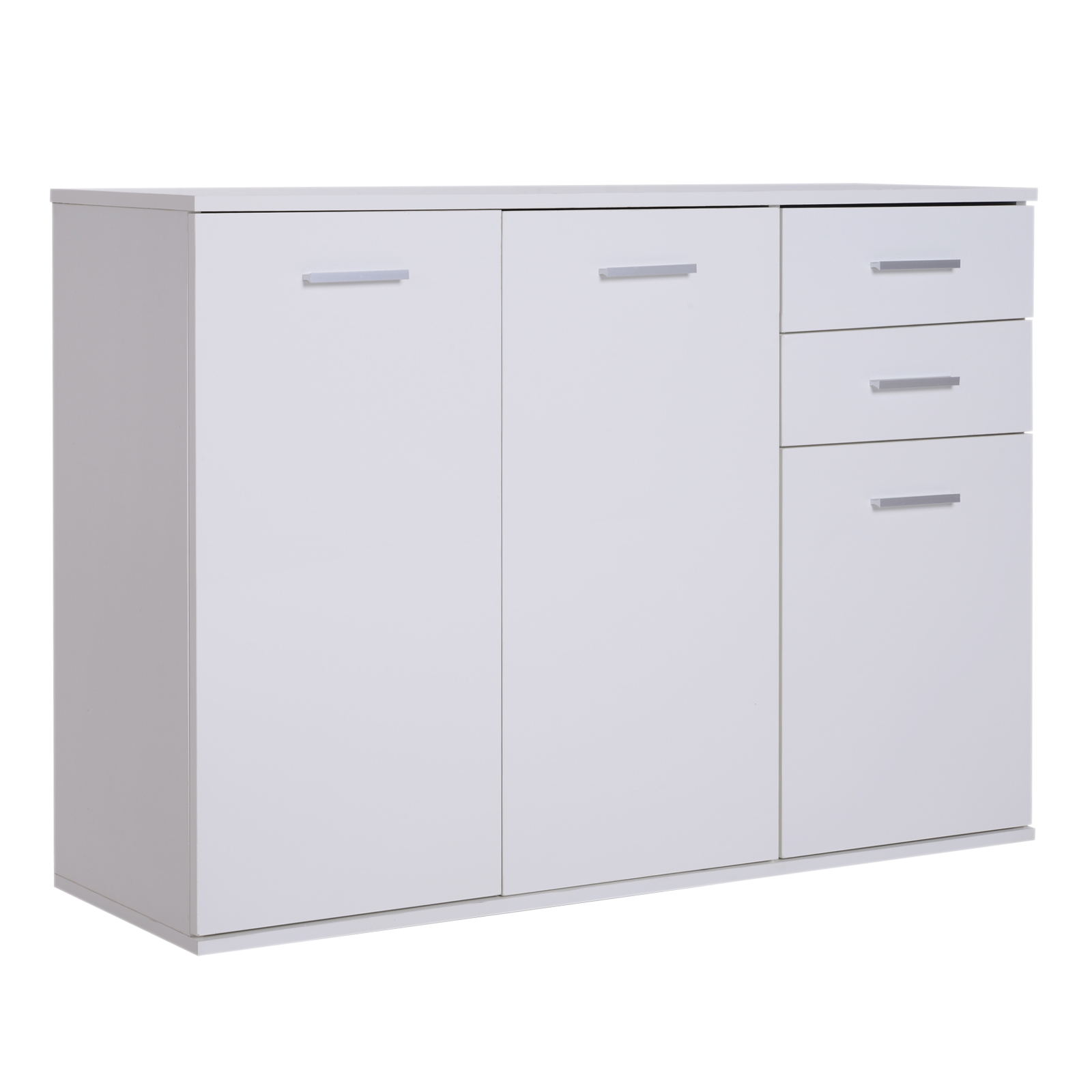 HOMCOM Dulapior Multifuncțional cu 3 Uși și 2 Sertare, Design Modern, Lemn Granulat, Alb, 106x35x76cm | Aosom Romania HOMCOM Dulapior Multifuncțional cu 3 Uși și 2 Sertare, Design Modern, Lemn Granulat, Alb, 106x35x76cm | Aosom Romania