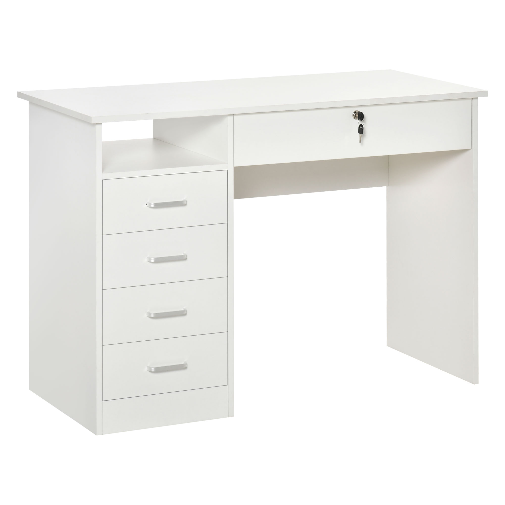 HOMCOM Masa de Birou din Lemn cu Compartiment Deschis, 5 Sertare și Decupaj pentru Cabluri, 110x50x76cm, Alb | Aosom Romania HOMCOM Masa de Birou din Lemn cu Compartiment Deschis, 5 Sertare și Decupaj pentru Cabluri, 110x50x76cm, Alb | Aosom Romania