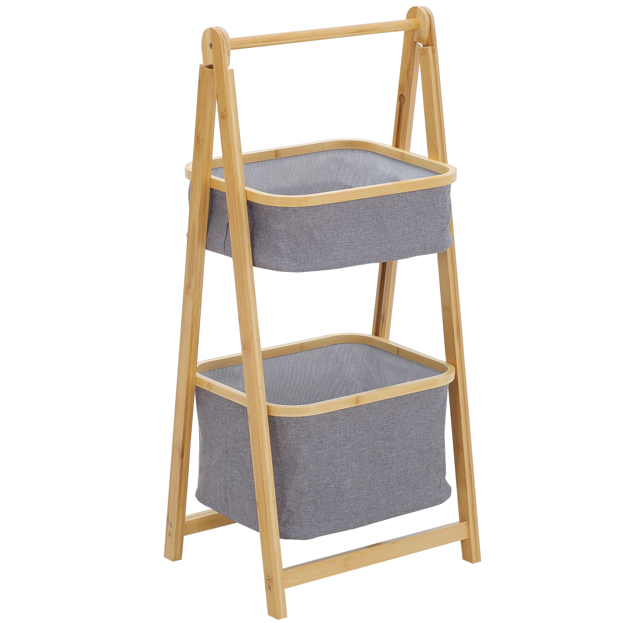 HOMCOM Mobilier Baie Pliabil, Sertare din Tesatura, Raft Depozitare cu 2 Etajere din Bambus și Poliester Gri, 45x35x98cm | Aosom Romania HOMCOM Mobilier Baie Pliabil, Sertare din Tesatura, Raft Depozitare cu 2 Etajere din Bambus și Poliester Gri, 45x35x98cm | Aosom Romania