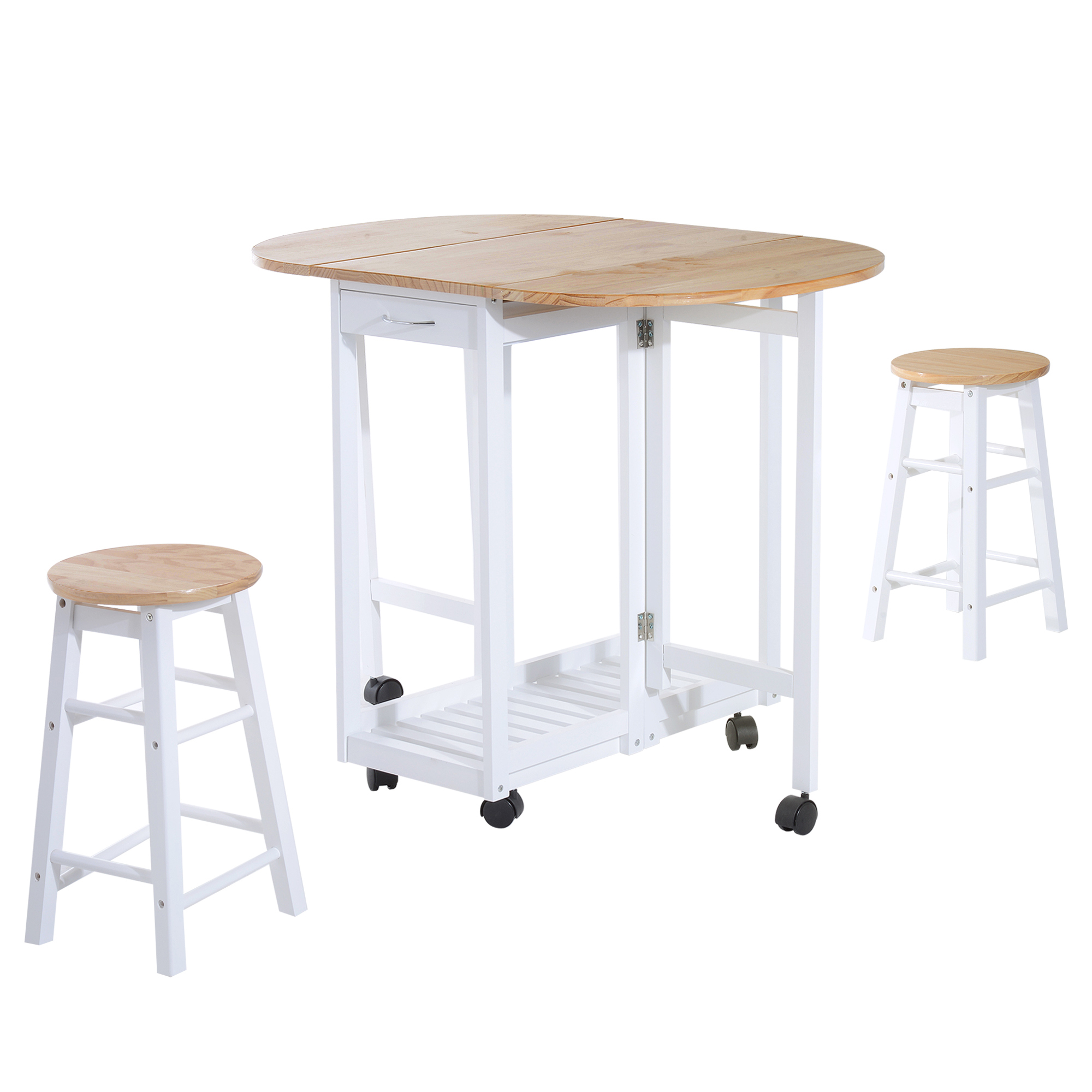 HOMCOM Set Mobilier Bucătărie 3 Piese Masa Pliabilă 2 Scaune de Bar Carucior cu 6 Roti Design Modern Alb și Lemn | Aosom Romania HOMCOM Set Mobilier Bucătărie 3 Piese Masa Pliabilă 2 Scaune de Bar Carucior cu 6 Roti Design Modern Alb și Lemn | Aosom Romania