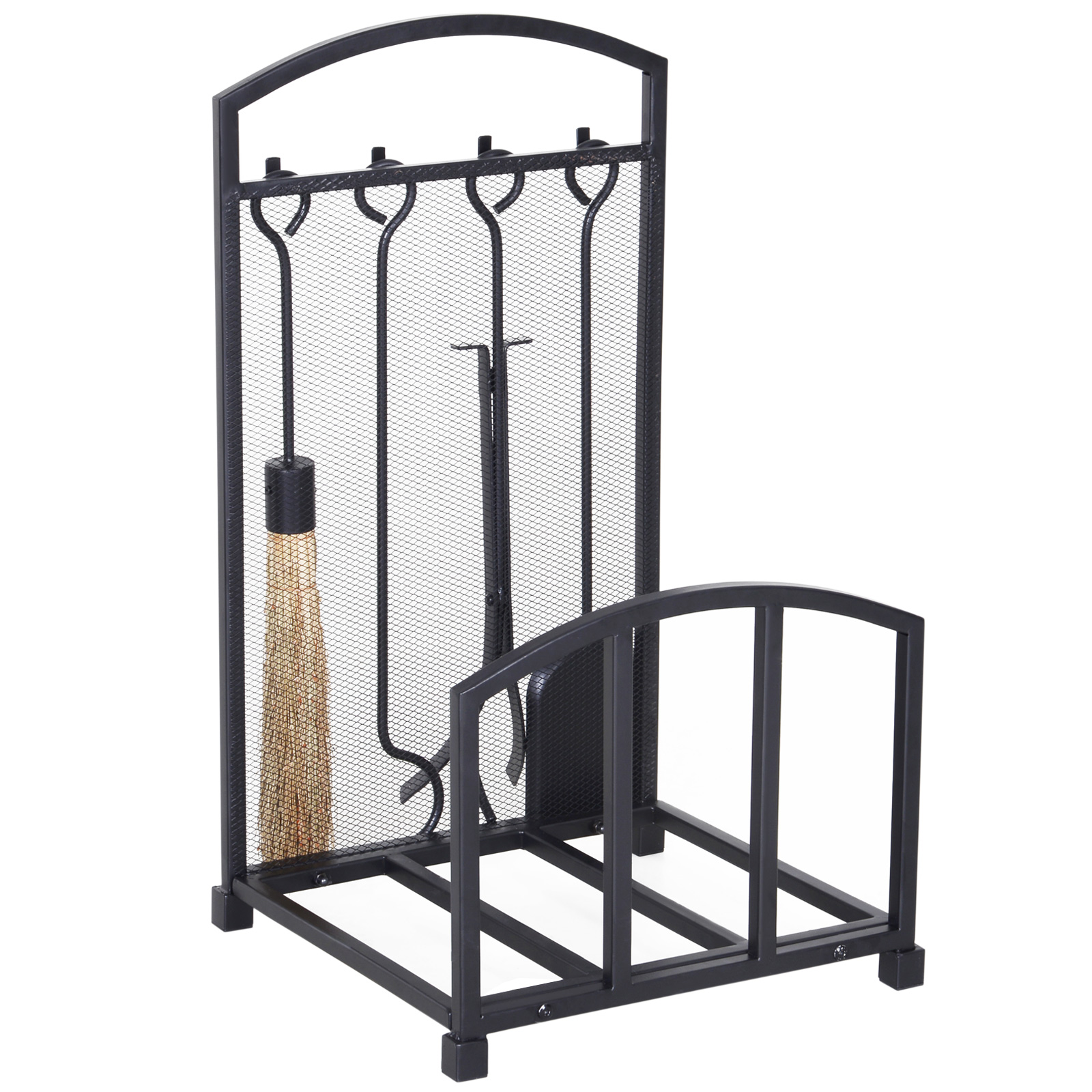 HOMCOM Suport pentru Lemne de Interior si Exterior din Metal cu Manere si 4 Unelte pentru Semineu Incluse, 39x39x68cm, Negru HOMCOM Suport pentru Lemne de Interior si Exterior din Metal cu Manere si 4 Unelte pentru Semineu Incluse, 39x39x68cm, Negru
