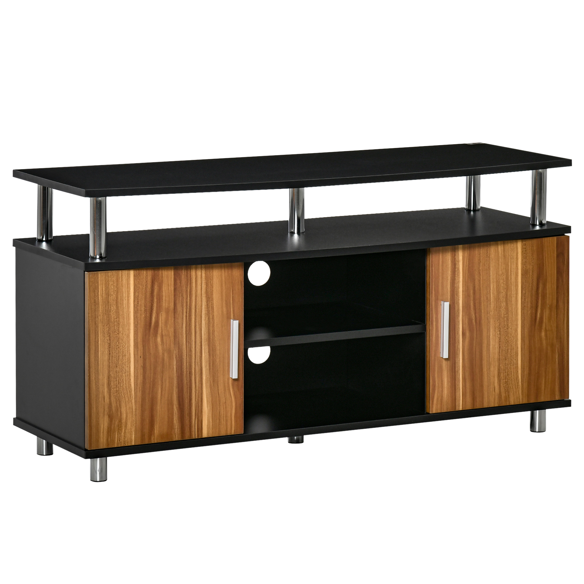 Mobilier TV cu 2 Rafturi si 2 Dulapioare din PAL, Picioare rotunde din Otel, sustine maxim 80kg, Negru-Maro 105x40x55cm HOMCOM | Aosom RO Mobilier TV cu 2 Rafturi si 2 Dulapioare din PAL, Picioare rotunde din Otel, sustine maxim 80kg, Negru-Maro 105x40x55cm HOMCOM | Aosom RO