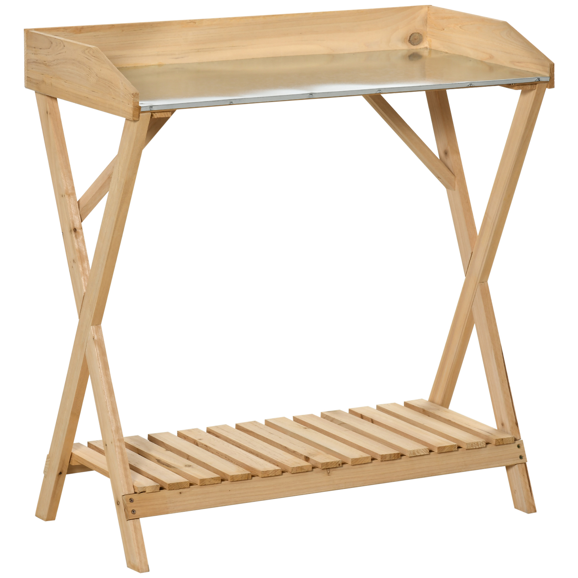 Outsunny Bancă de Grădinărit cu Blat din Metal Anti-Rugină și Suprafață de Lucru din Lemn, Include Raft pentru Depozitare, 80x40x84 cm | Aosom Romania Outsunny Bancă de Grădinărit cu Blat din Metal Anti-Rugină și Suprafață de Lucru din Lemn, Include Raft pentru Depozitare, 80x40x84 cm | Aosom Romania