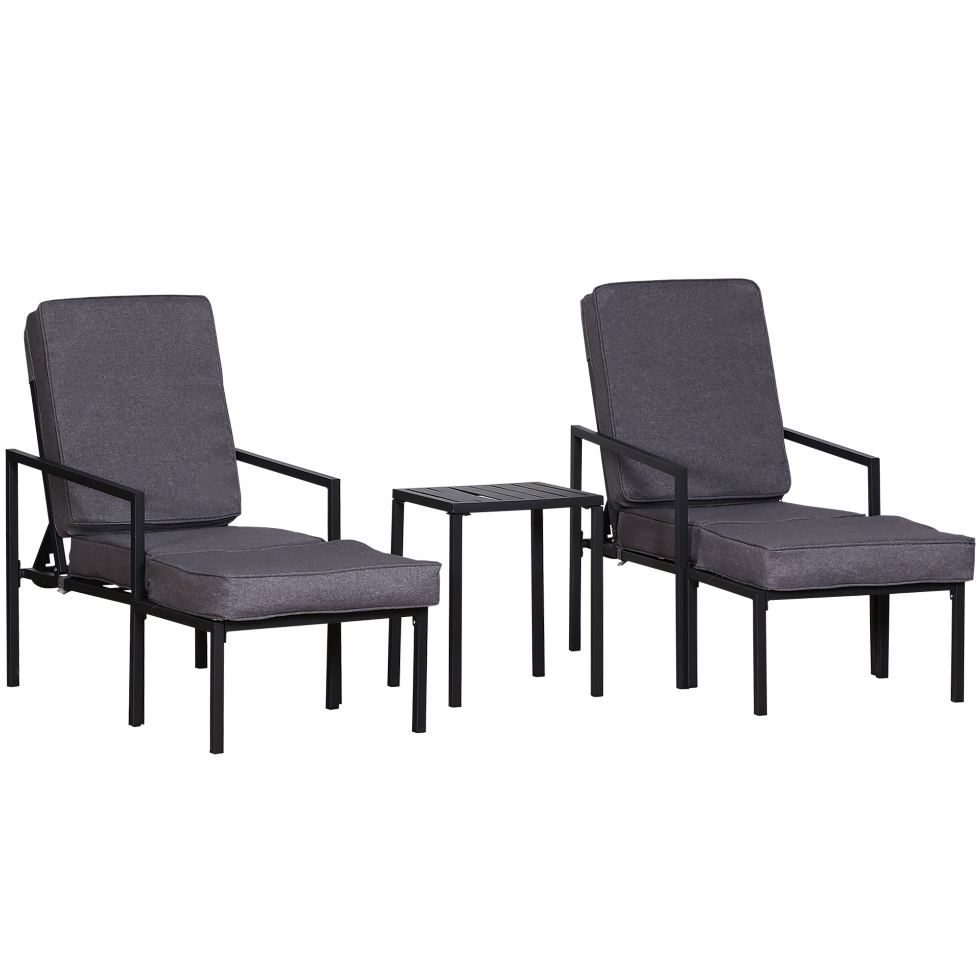 Outsunny Set 2 Sezlonguri cu Suporturi pentru Picioare, Perne și Măsuță, Design Confortabil, Metal și Poliester, Gri și Negru | Aosom Romania Outsunny Set 2 Sezlonguri cu Suporturi pentru Picioare, Perne și Măsuță, Design Confortabil, Metal și Poliester, Gri și Negru | Aosom Romania