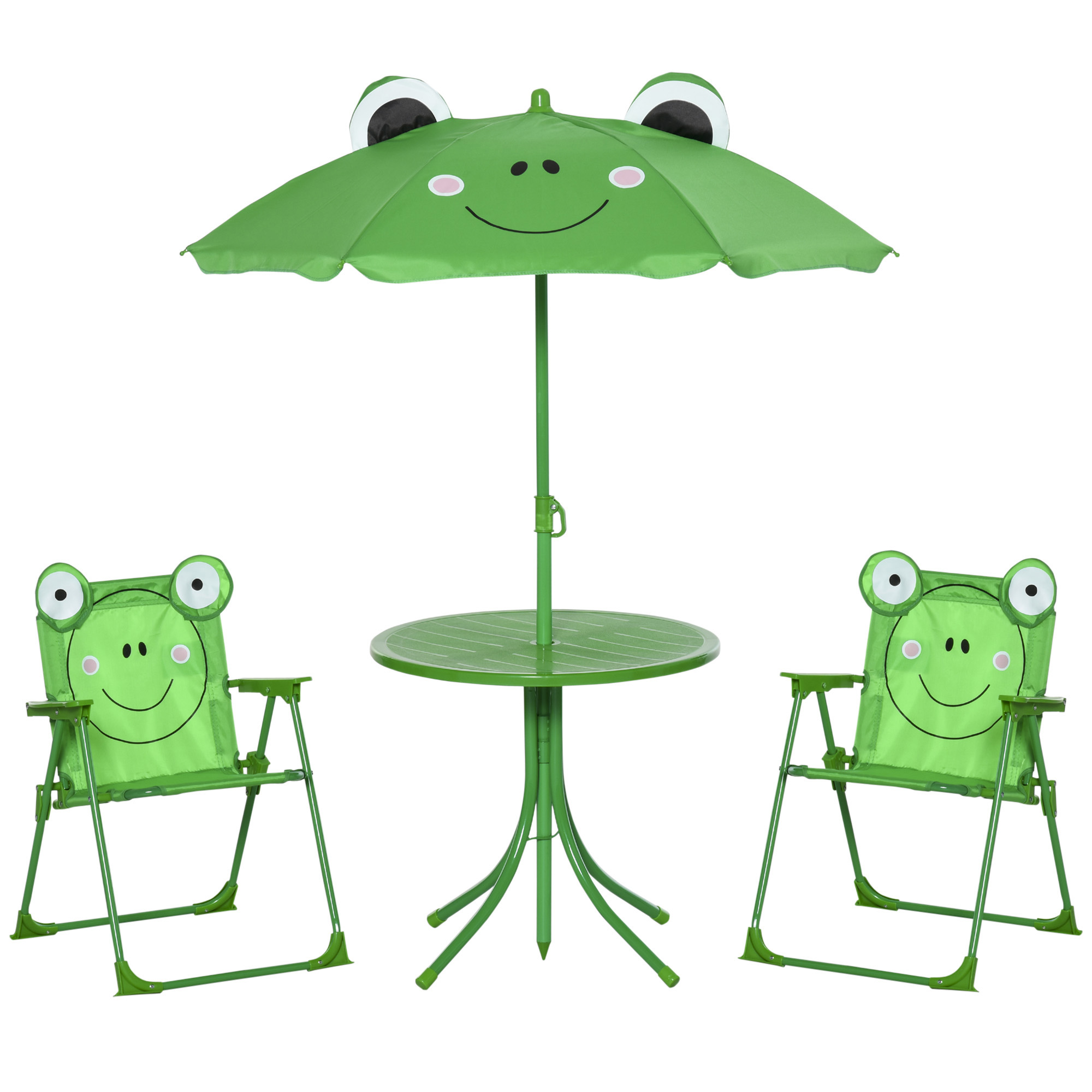 Outsunny Set Masa de Gradina cu 2 Scaune Pliabile si Umbrela pentru Copii din Metal si Poliester, Verde Outsunny Set Masa de Gradina cu 2 Scaune Pliabile si Umbrela pentru Copii din Metal si Poliester, Verde