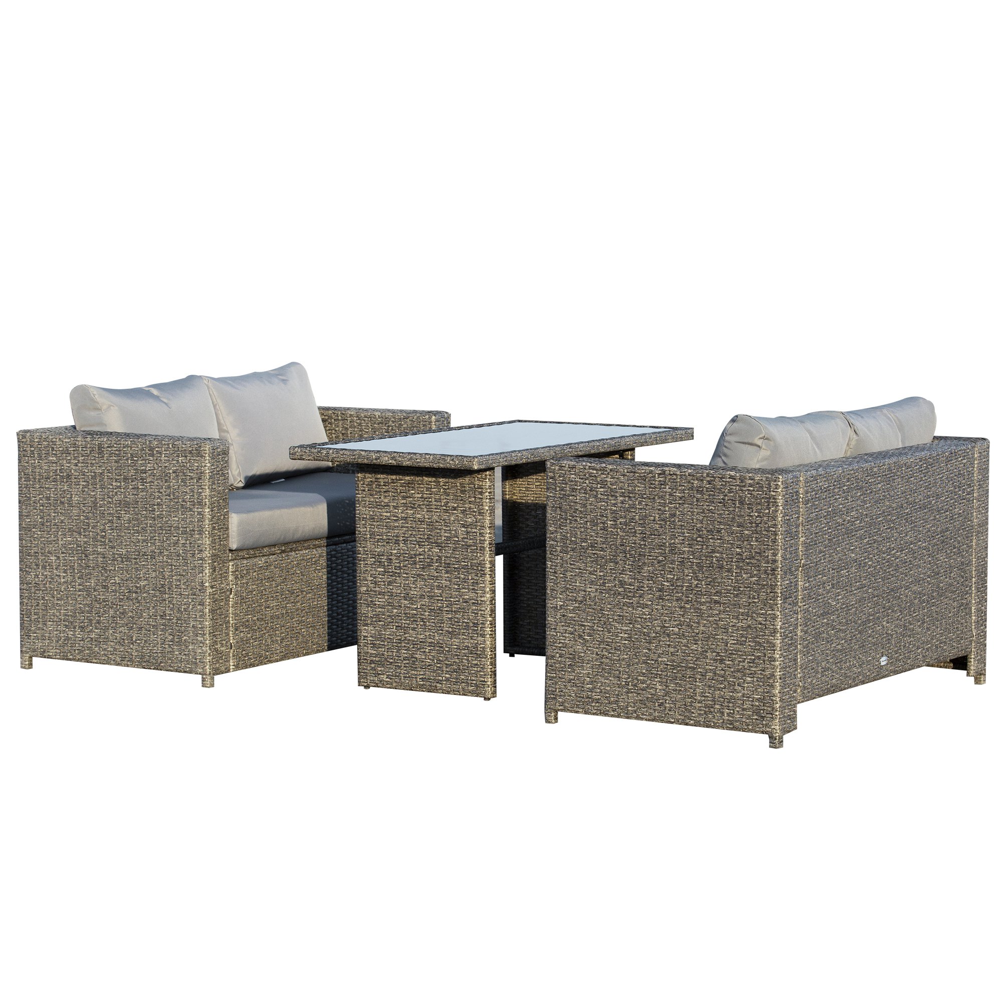 Outsunny Set Mobilier de Grădină din Rattan PE Gri-Negru 3 Piese 2 Canapele și 1 Masă cu Perne Confortabile 120x67x67cm | Aosom Romania Outsunny Set Mobilier de Grădină din Rattan PE Gri-Negru 3 Piese 2 Canapele și 1 Masă cu Perne Confortabile 120x67x67cm | Aosom Romania