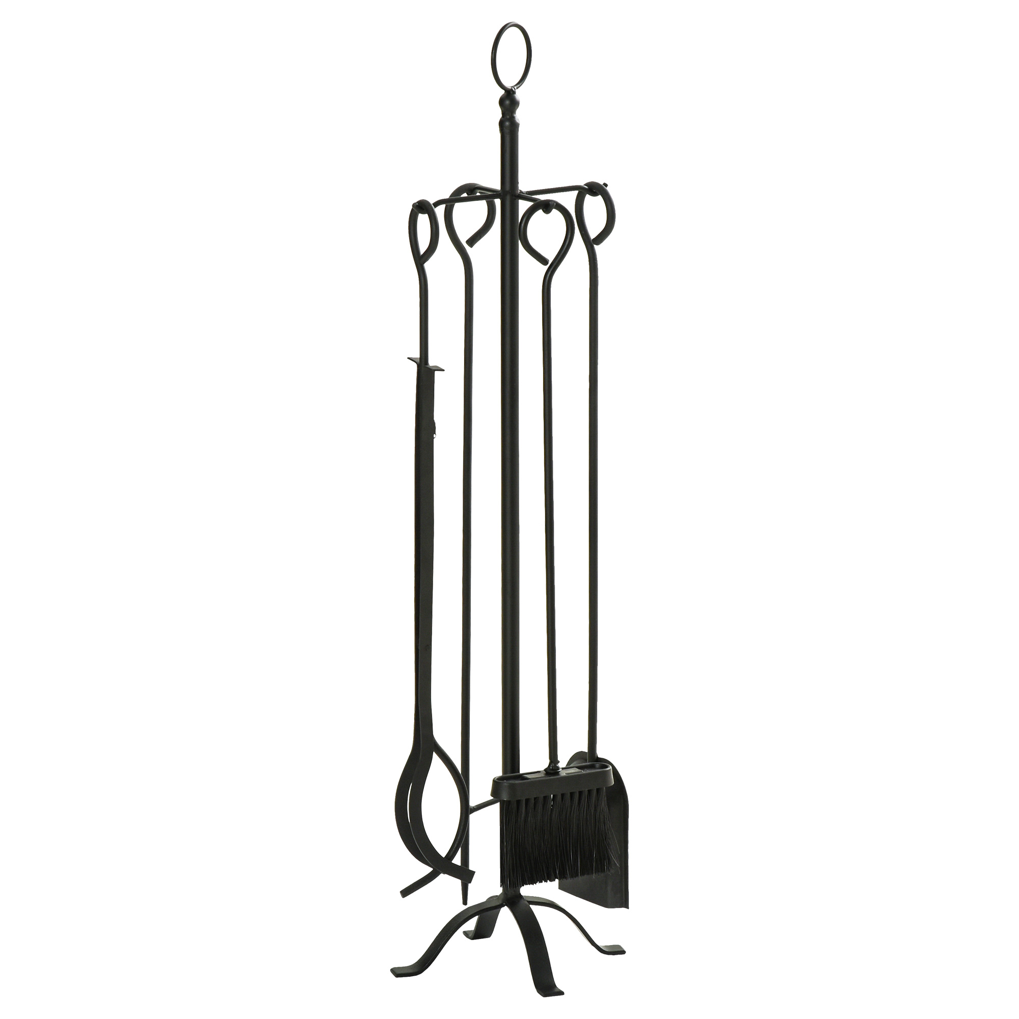 Outsunny Set Scule pentru Semineu 5 bucati, Baza cu Vatrai, Cleste, Lopata si Matura din Metal, 20x20x82,5cm, Negru Outsunny Set Scule pentru Semineu 5 bucati, Baza cu Vatrai, Cleste, Lopata si Matura din Metal, 20x20x82,5cm, Negru