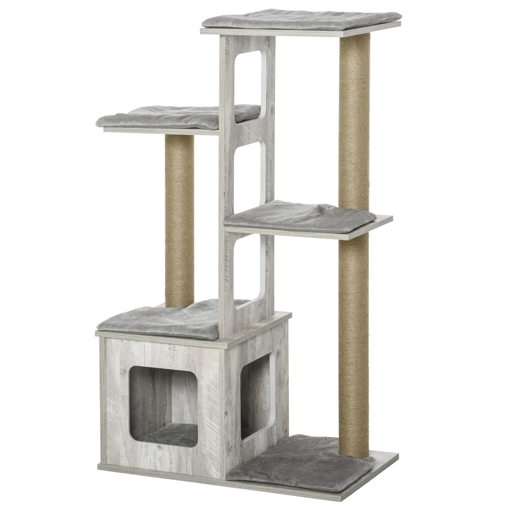 PawHut Copac Zgâriat Pisici, Multinivel, Căsuță, Frânghii Iuta, Design Compact, 67x38.5x114 cm, Gri | Aosom Romania PawHut Copac Zgâriat Pisici, Multinivel, Căsuță, Frânghii Iuta, Design Compact, 67x38.5x114 cm, Gri | Aosom Romania