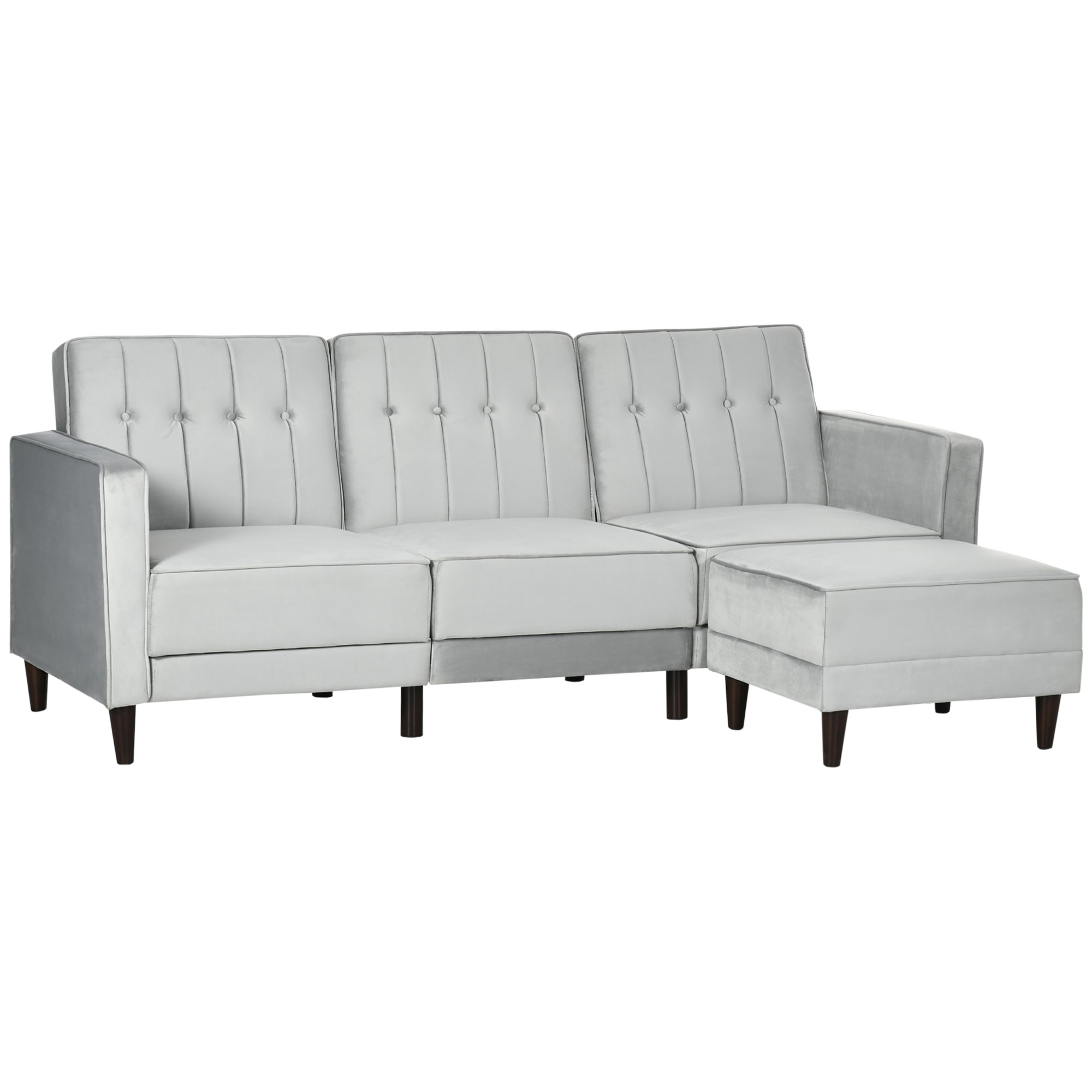 Canapea extensibila HOMCOM cu 3 locuri cu taburet si spatar inclinabil, tapiterie din catifea si scaun captusit, 218x85x86 cm, gri deschis | Aosom RO Canapea extensibila HOMCOM cu 3 locuri cu taburet si spatar inclinabil, tapiterie din catifea si scaun captusit, 218x85x86 cm, gri deschis | Aosom RO