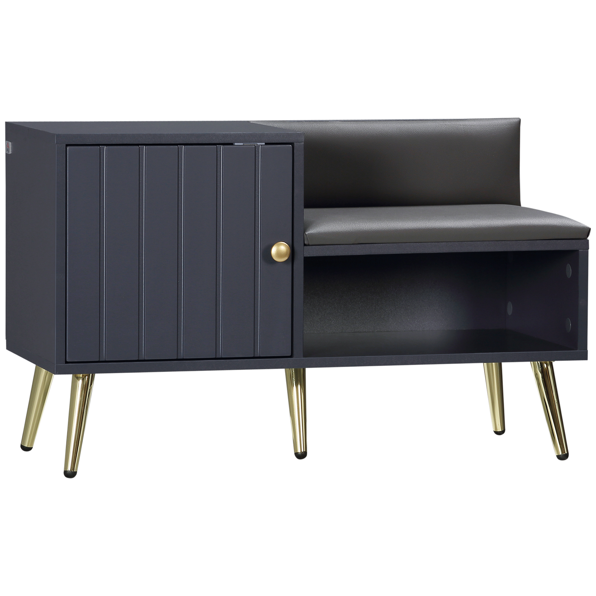 Dulap de pantofi de intrare HOMCOM cu scaun captusit, raft deschis si dulap, pentru 4 perechi de pantofi, lemn si metal, 80x33x49cm, gri | Aosom RO Dulap de pantofi de intrare HOMCOM cu scaun captusit, raft deschis si dulap, pentru 4 perechi de pantofi, lemn si metal, 80x33x49cm, gri | Aosom RO