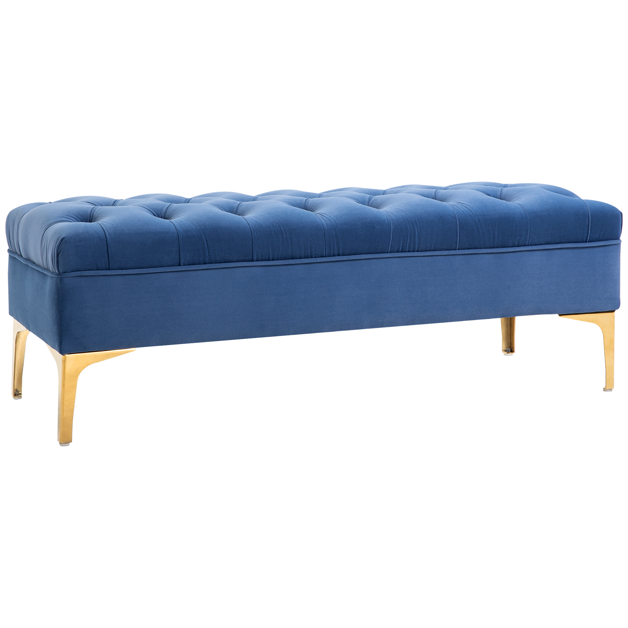 HOMCOM Bancă la Capătul Patului din Catifea Albastru Închis, Design Modern cu Picioare Metalice Aurii, 118x45x42cm | Aosom Romania HOMCOM Bancă la Capătul Patului din Catifea Albastru Închis, Design Modern cu Picioare Metalice Aurii, 118x45x42cm | Aosom Romania