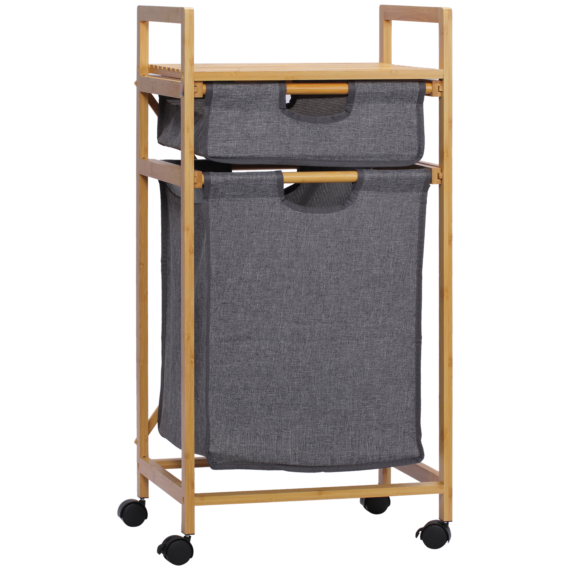 HOMCOM Coș de Rufe Elegant din Bambus cu 2 Saci Detașabili și Raft Deschis Design Compact pentru Baie sau Dormitor | Aosom Romania HOMCOM Coș de Rufe Elegant din Bambus cu 2 Saci Detașabili și Raft Deschis Design Compact pentru Baie sau Dormitor | Aosom Romania