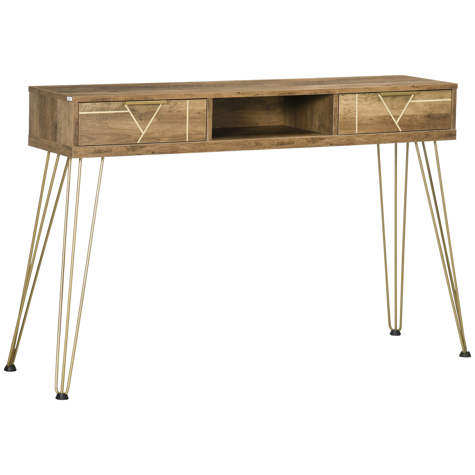 HOMCOM Consolă Modernă pentru Intrare și Living, din PAL și Oțel, cu Raft Deschis și 2 Sertare, 120x29x79 cm, Bronz | Aosom Romania HOMCOM Consolă Modernă pentru Intrare și Living, din PAL și Oțel, cu Raft Deschis și 2 Sertare, 120x29x79 cm, Bronz | Aosom Romania