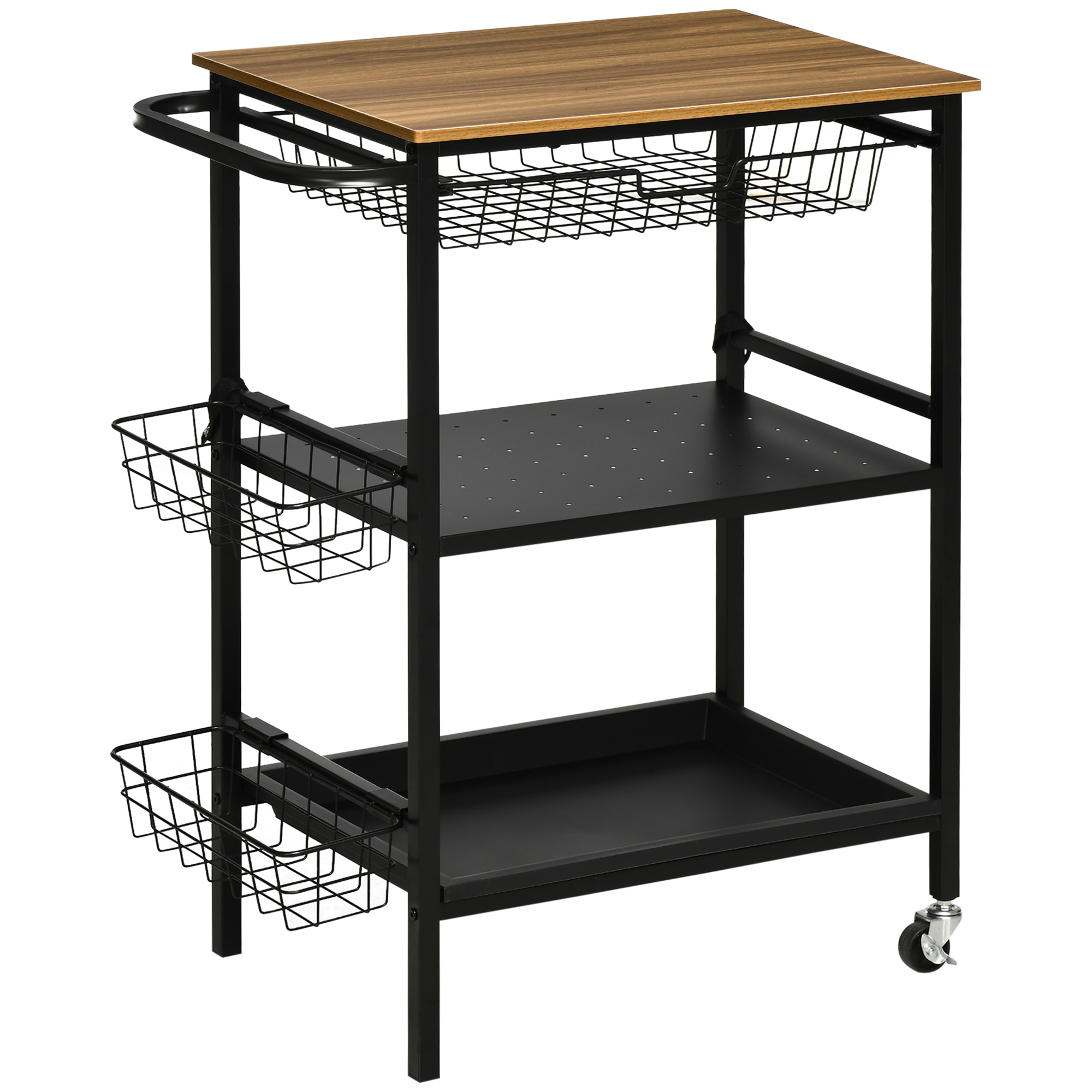 HOMCOM Cărucior de Bucătărie cu 3 Nivele, Roti Pivotante 360°, Design din MDF și Oțel, Lemn Natural și Negru 75x43.5x91cm | Aosom Romania HOMCOM Cărucior de Bucătărie cu 3 Nivele, Roti Pivotante 360°, Design din MDF și Oțel, Lemn Natural și Negru 75x43.5x91cm | Aosom Romania