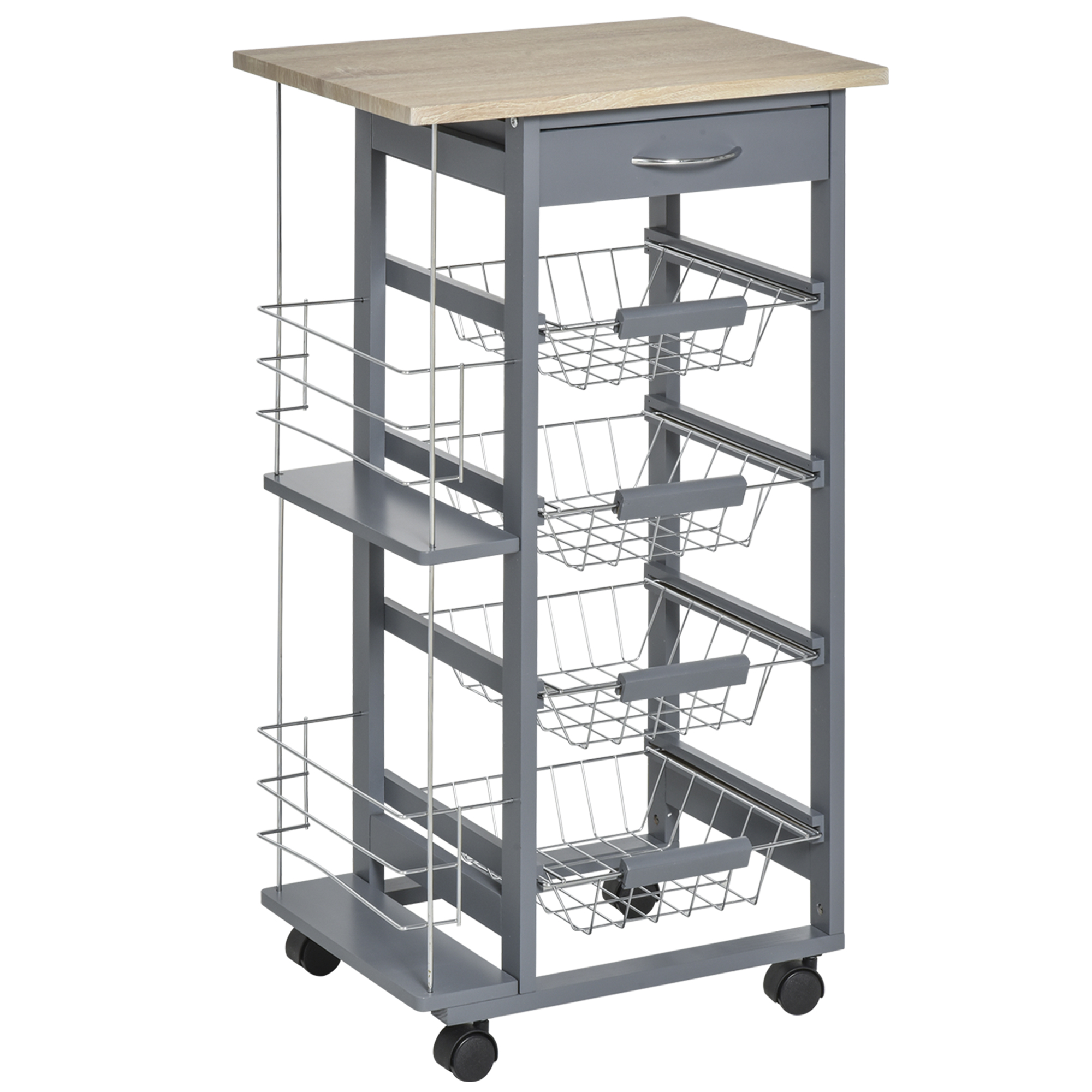 HOMCOM Cărucior de Bucătărie Gri Închis, 1 Sertar, 4 Coșuri Metalice, 2 Etajere, MDF, Lemn de Pin, Metal, 47x37x83cm | Aosom Romania HOMCOM Cărucior de Bucătărie Gri Închis, 1 Sertar, 4 Coșuri Metalice, 2 Etajere, MDF, Lemn de Pin, Metal, 47x37x83cm | Aosom Romania