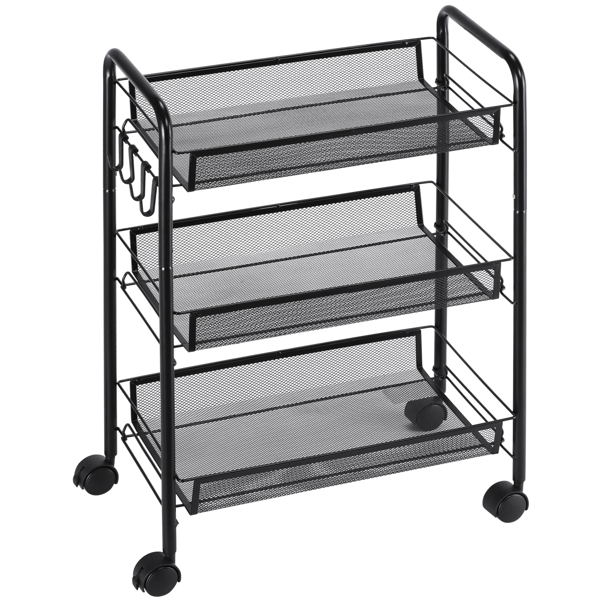 HOMCOM Cărucior de Bucătărie Multifuncțional cu 3 Niveluri, Coșuri Detașabile, 4 Roți, Oțel și Plastic PP, 45Lx26,5x63cm, Negru | Aosom Romania HOMCOM Cărucior de Bucătărie Multifuncțional cu 3 Niveluri, Coșuri Detașabile, 4 Roți, Oțel și Plastic PP, 45Lx26,5x63cm, Negru | Aosom Romania