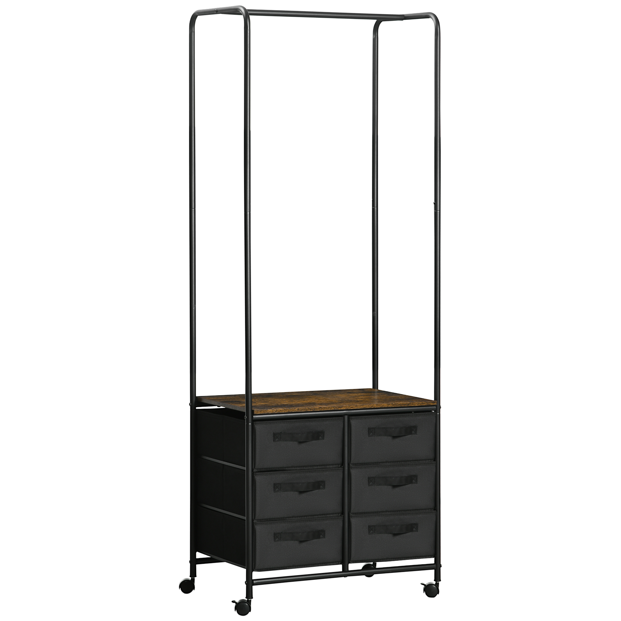 HOMCOM Cuier Stil Industrial cu 6 Sertare din Țesătură și Organizator Deschis, 63,5x40x172,5cm, Maro Rustic | Aosom Romania HOMCOM Cuier Stil Industrial cu 6 Sertare din Țesătură și Organizator Deschis, 63,5x40x172,5cm, Maro Rustic | Aosom Romania