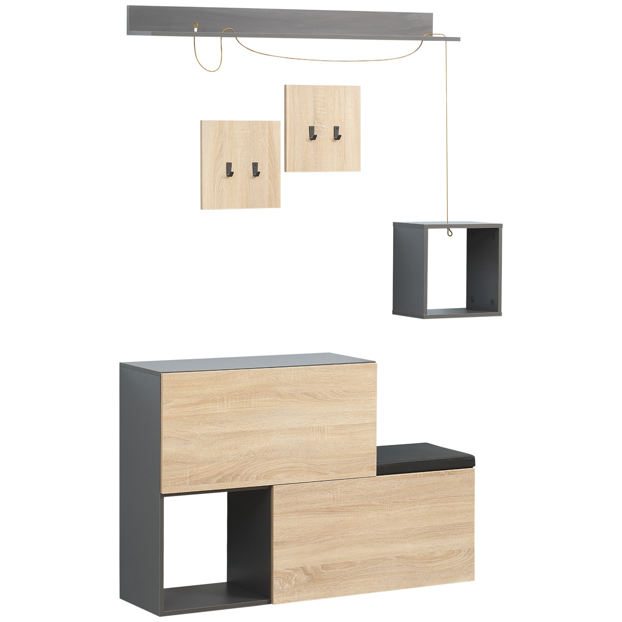 HOMCOM Organizator pentru Hol cu Bancă pentru Pantofi și Cuier, Design Modern cu Suport pentru Haine și Raft, Gri și Natural | Aosom Romania HOMCOM Organizator pentru Hol cu Bancă pentru Pantofi și Cuier, Design Modern cu Suport pentru Haine și Raft, Gri și Natural | Aosom Romania