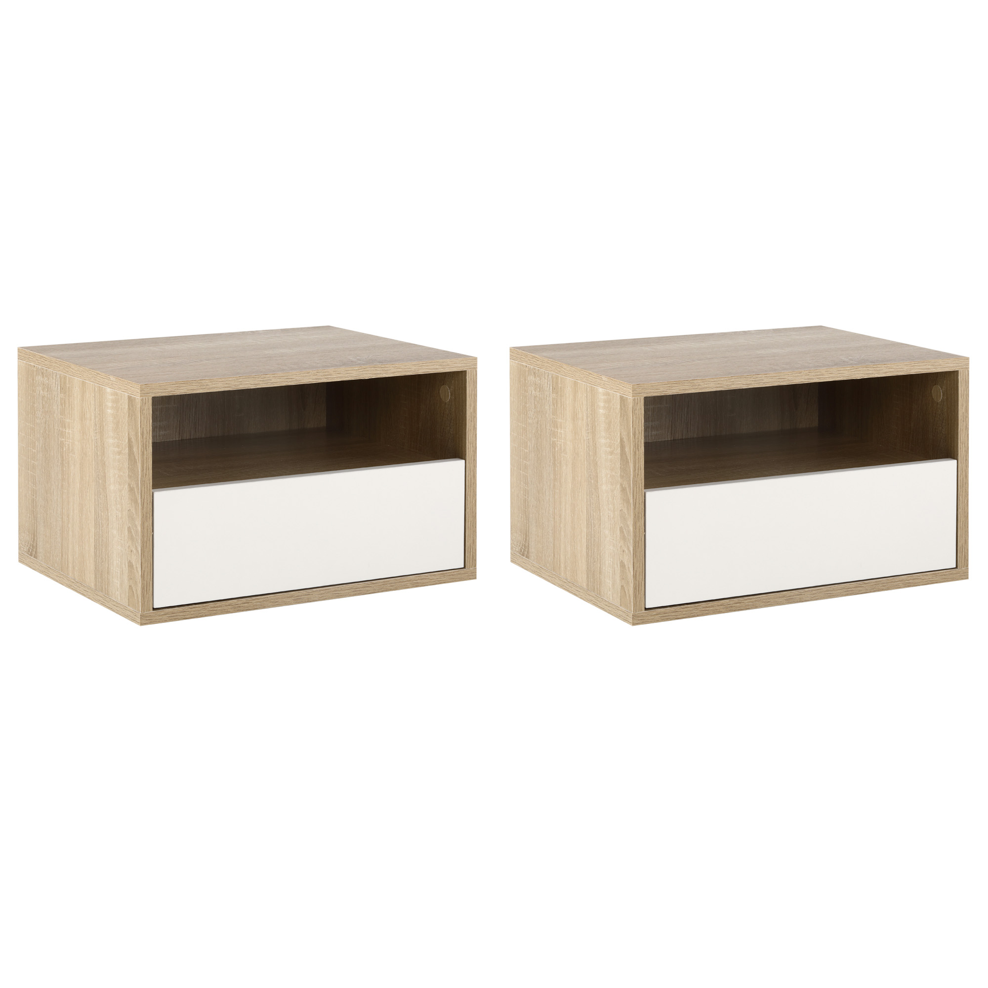 HOMCOM Set de 2 Noptiere Suspendate din Lemn, Design Modern cu Sertar și Raft, Alb și Lemn, 45x35x27.5cm | Aosom Romania HOMCOM Set de 2 Noptiere Suspendate din Lemn, Design Modern cu Sertar și Raft, Alb și Lemn, 45x35x27.5cm | Aosom Romania