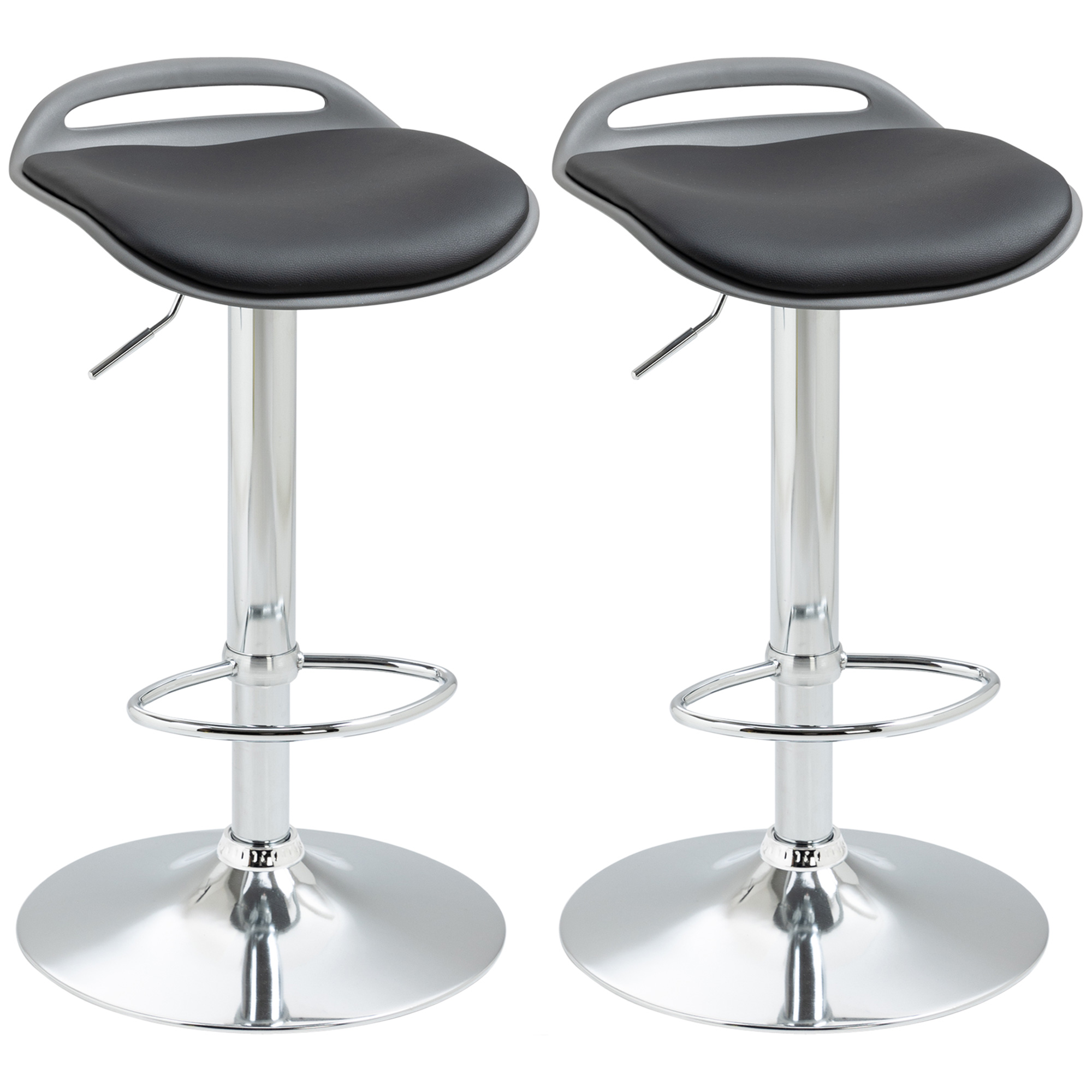 HOMCOM Set de 2 Scaune de Bar Reglabile și Pivotante cu Suport pentru Picioare Negru Argintiu 39x41x68-88cm | Aosom Romania HOMCOM Set de 2 Scaune de Bar Reglabile și Pivotante cu Suport pentru Picioare Negru Argintiu 39x41x68-88cm | Aosom Romania
