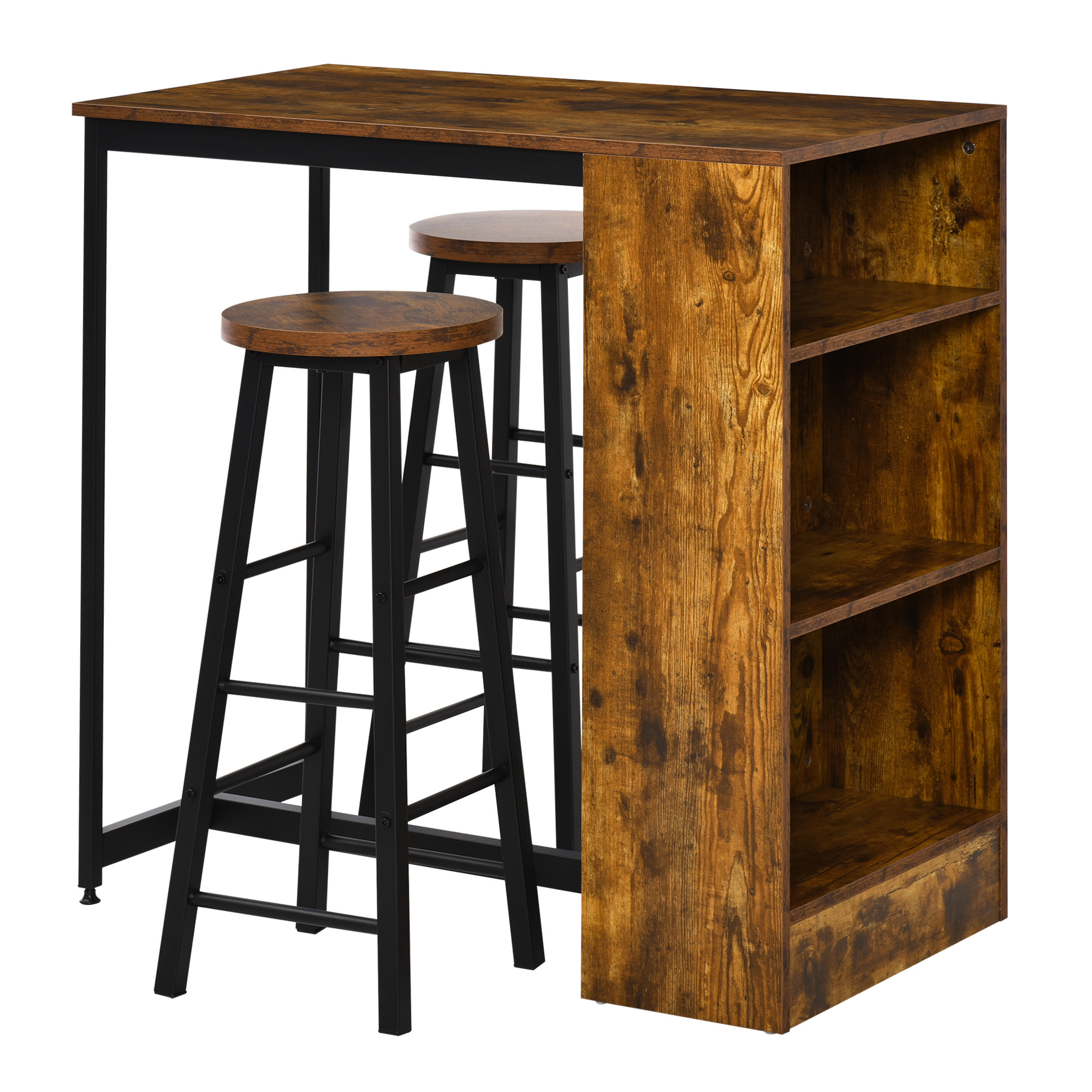 HOMCOM Set Masă Industrială 3 Piese, Masă de Bar cu Raft Depozitare și 2 Scaune, Maro Rustic, Design Compact | Aosom Romania HOMCOM Set Masă Industrială 3 Piese, Masă de Bar cu Raft Depozitare și 2 Scaune, Maro Rustic, Design Compact | Aosom Romania