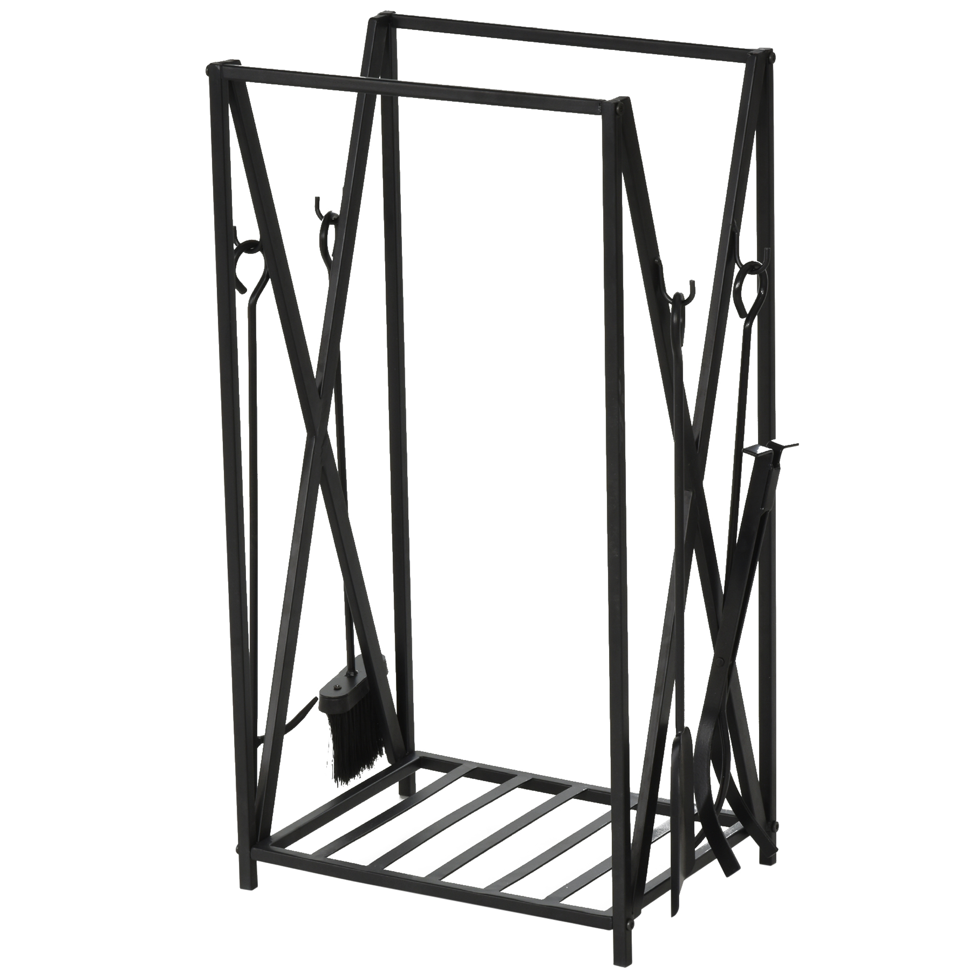 HOMCOM Suport pentru Lemne de Foc pentru Interior si Exterior din otel, Suport pentru lemne pentru Semineu cu Vatrai Perie, Cleste, 46x30x76cm Negru HOMCOM Suport pentru Lemne de Foc pentru Interior si Exterior din otel, Suport pentru lemne pentru Semineu cu Vatrai Perie, Cleste, 46x30x76cm Negru