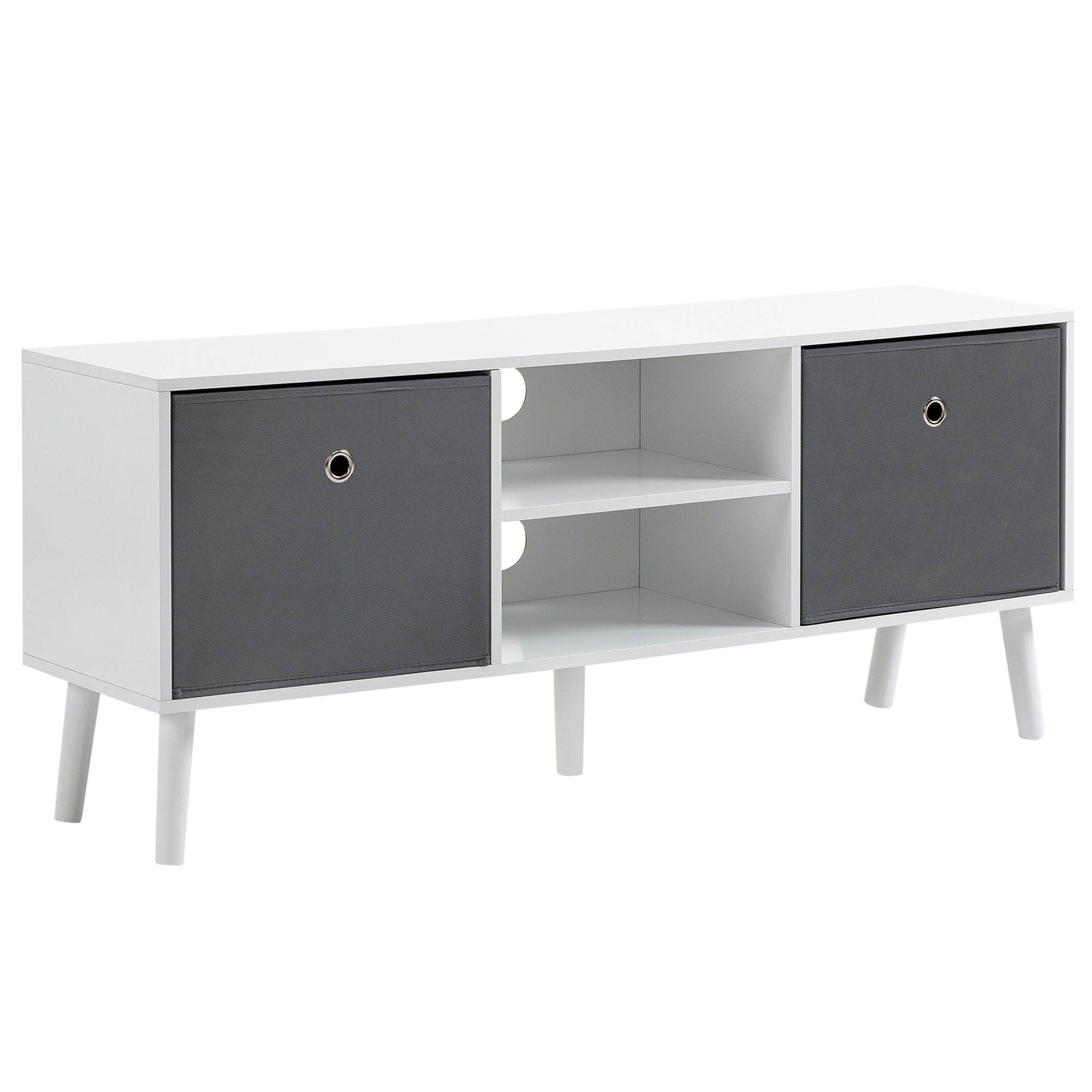 Mobilier pentru televizoare cu 2 rafturi deschise, Orificii pentru cabluri, MDF, 110x29x46,5cm Alb, Gri HOMCOM | Aosom RO Mobilier pentru televizoare cu 2 rafturi deschise, Orificii pentru cabluri, MDF, 110x29x46,5cm Alb, Gri HOMCOM | Aosom RO