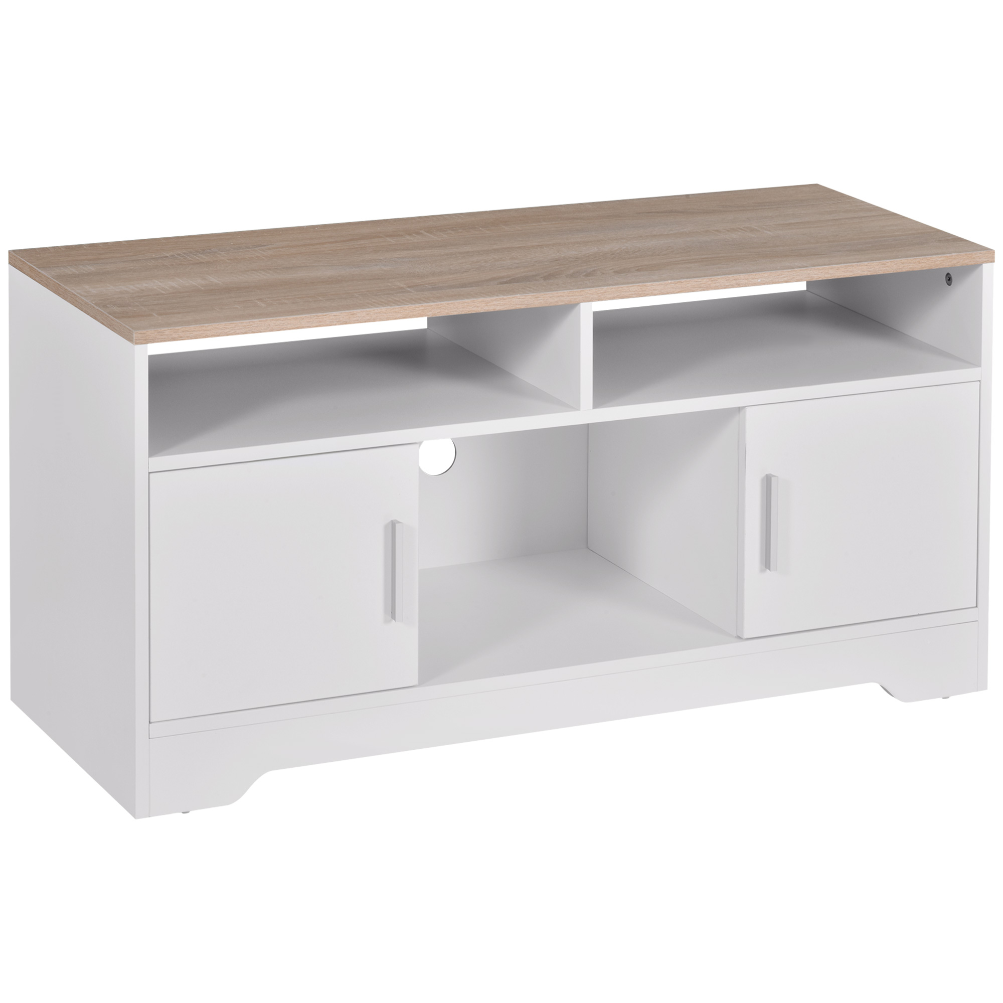 Mobilier pentru TV pana la 42", din fibra de lemn, 105x40x52cm, Alb si lemn natural HOMCOM | Aosom RO Mobilier pentru TV pana la 42", din fibra de lemn, 105x40x52cm, Alb si lemn natural HOMCOM | Aosom RO