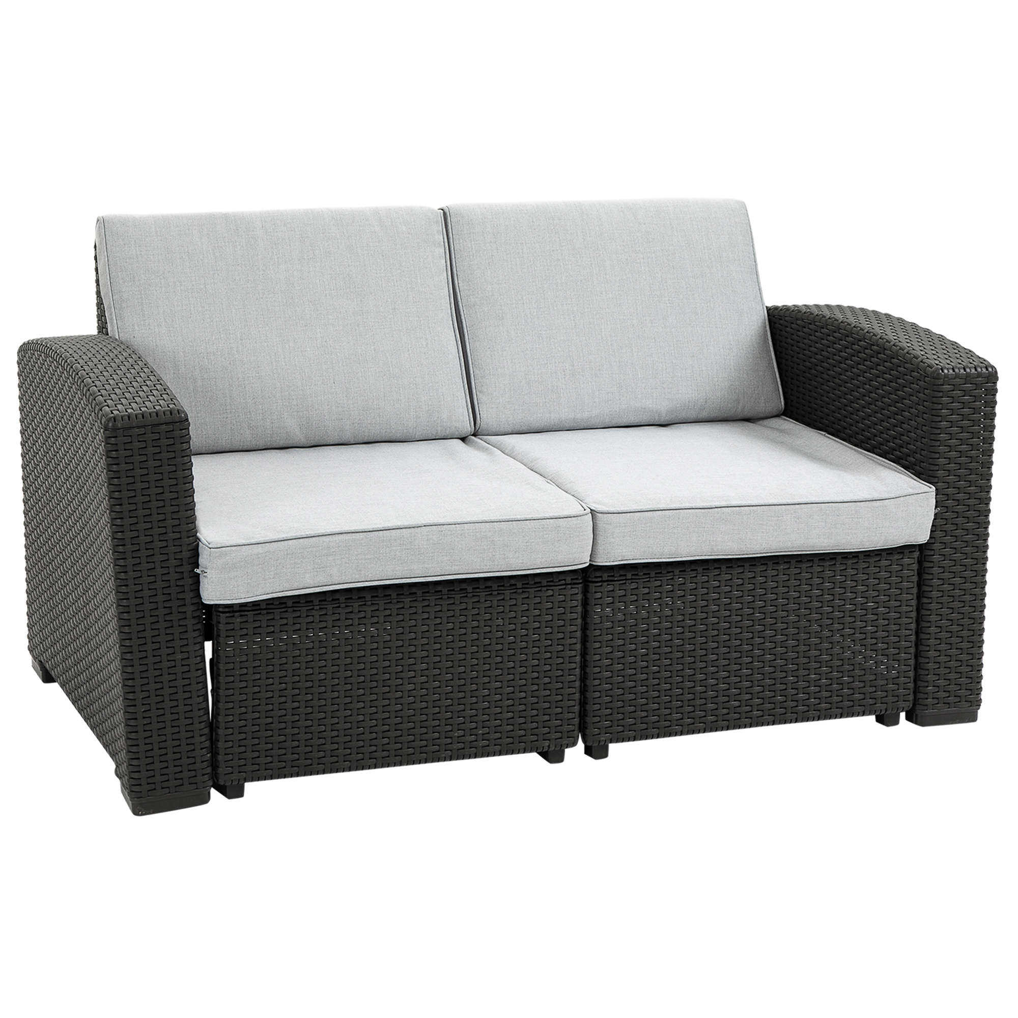 Outsunny Canapea de Grădină 2 Locuri, Plastic PP cu Efect Ratan, Perne Detașabile, Gri/Negru | Aosom Romania Outsunny Canapea de Grădină 2 Locuri, Plastic PP cu Efect Ratan, Perne Detașabile, Gri/Negru | Aosom Romania