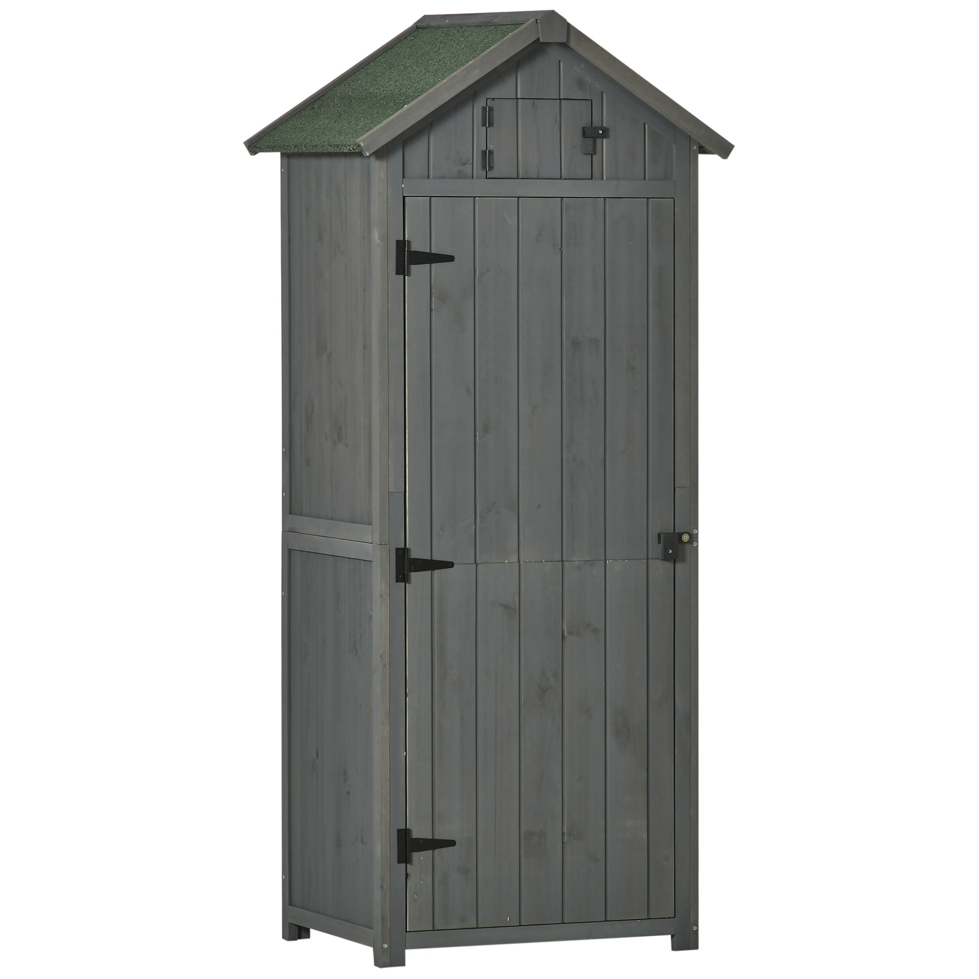Outsunny Căsuță de Grădină din Lemn pentru Depozitare Scule, Impermeabilă cu 3 Rafturi Detașabile, 77x54.2x179 cm, Gri | Aosom Romania Outsunny Căsuță de Grădină din Lemn pentru Depozitare Scule, Impermeabilă cu 3 Rafturi Detașabile, 77x54.2x179 cm, Gri | Aosom Romania