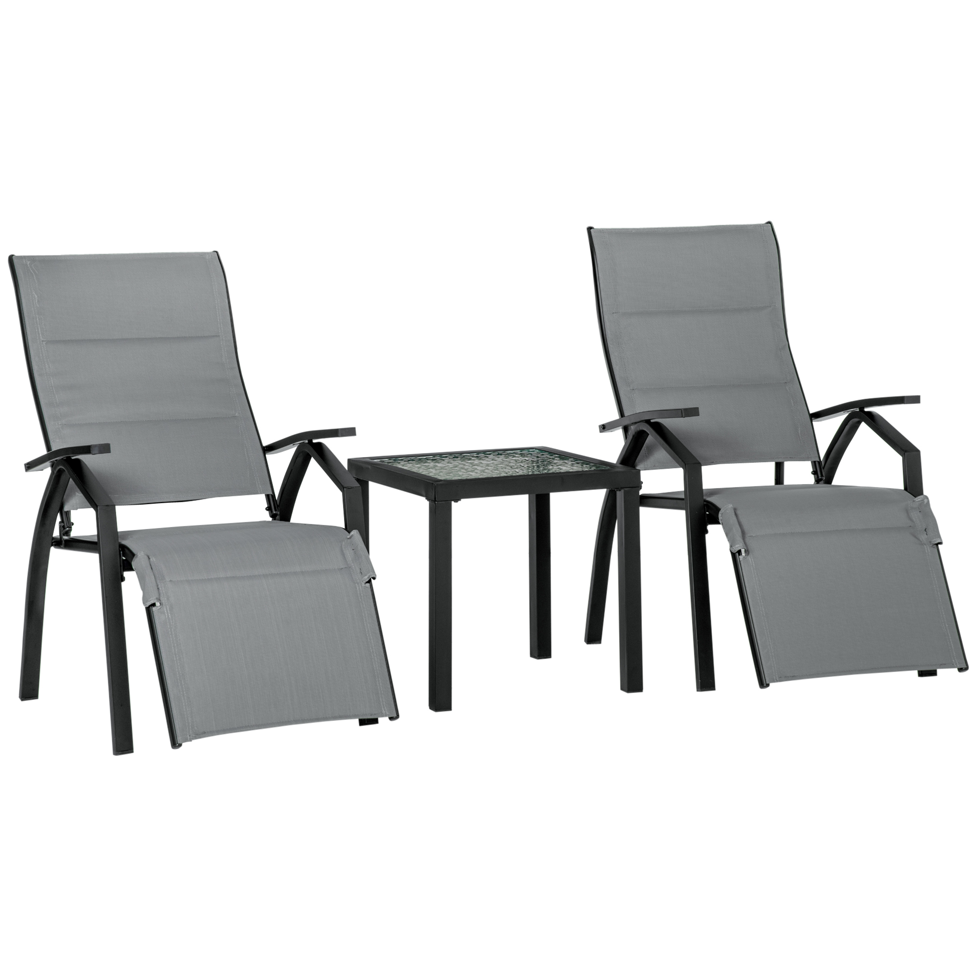Outsunny Set de Grădină cu 2 Sezlonguri Inclinabile și Măsuță, Tapitate pentru Confort Maxim, Design Modern, Gri | Aosom Romania Outsunny Set de Grădină cu 2 Sezlonguri Inclinabile și Măsuță, Tapitate pentru Confort Maxim, Design Modern, Gri | Aosom Romania