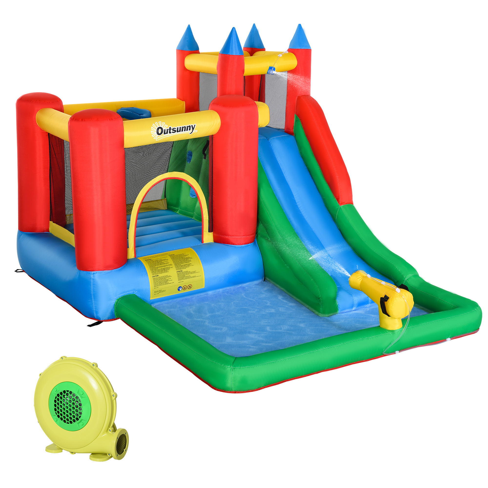 Outsunny Set de Joacă Gonflabil pentru Copii, Tobogan, Trambulină, Piscină, Pistol Apă, 330x245x215cm, Colorat | Aosom Romania Outsunny Set de Joacă Gonflabil pentru Copii, Tobogan, Trambulină, Piscină, Pistol Apă, 330x245x215cm, Colorat | Aosom Romania