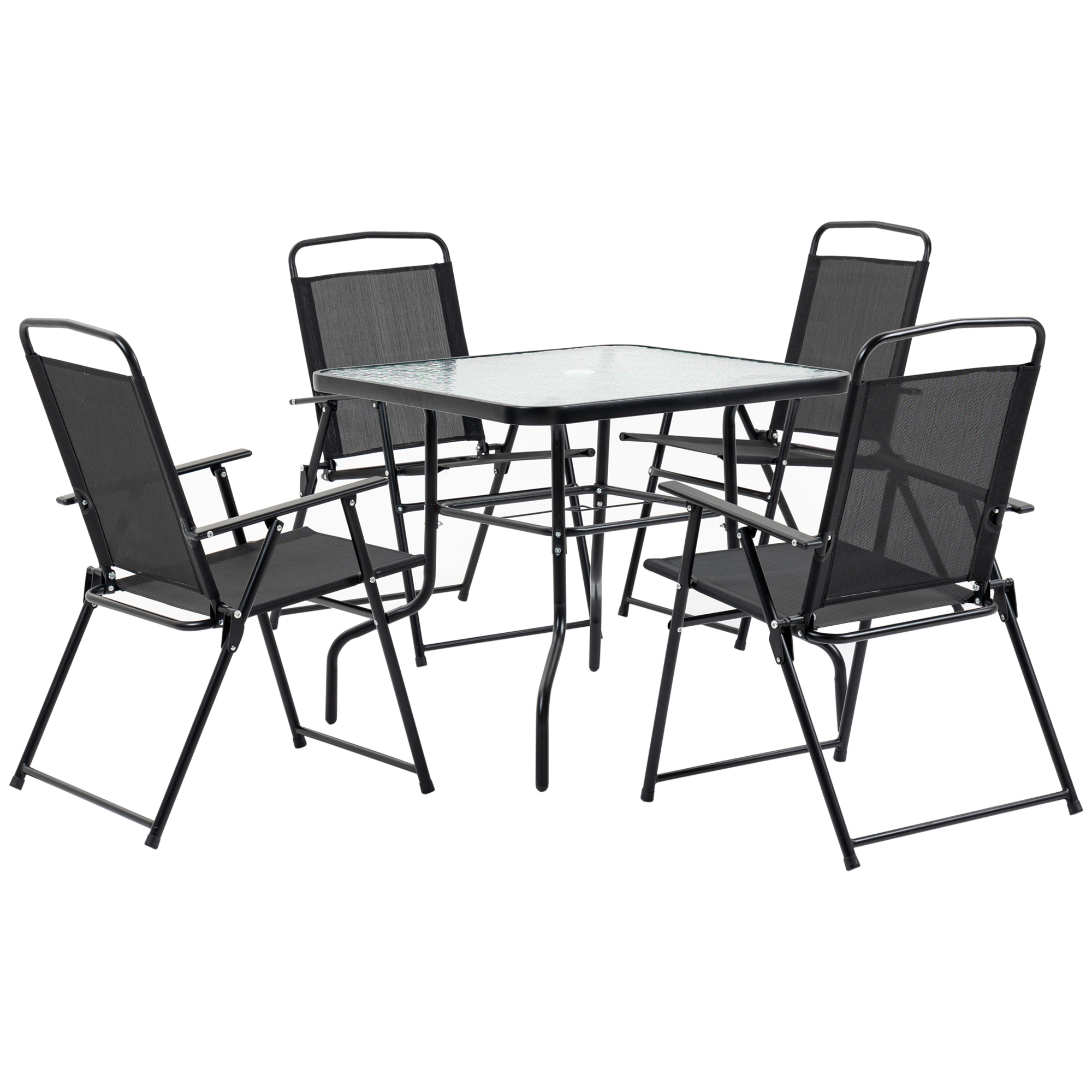 Outsunny Set Mobilier de Grădină 5 Piese, 4 Scaune Pliabile și Masă cu Orificiu pentru Umbrelă, Design Elegant, Negru | Aosom Romania Outsunny Set Mobilier de Grădină 5 Piese, 4 Scaune Pliabile și Masă cu Orificiu pentru Umbrelă, Design Elegant, Negru | Aosom Romania