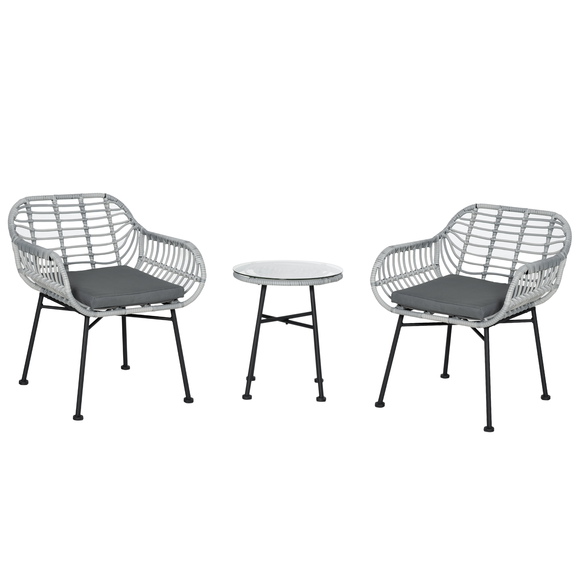 Outsunny Set Mobilier de Grădină din Ratan Gri 3 Piese Salon în Aer Liber cu 2 Scaune și Masă cu Blat de Sticlă pentru Terasă | Aosom Romania Outsunny Set Mobilier de Grădină din Ratan Gri 3 Piese Salon în Aer Liber cu 2 Scaune și Masă cu Blat de Sticlă pentru Terasă | Aosom Romania