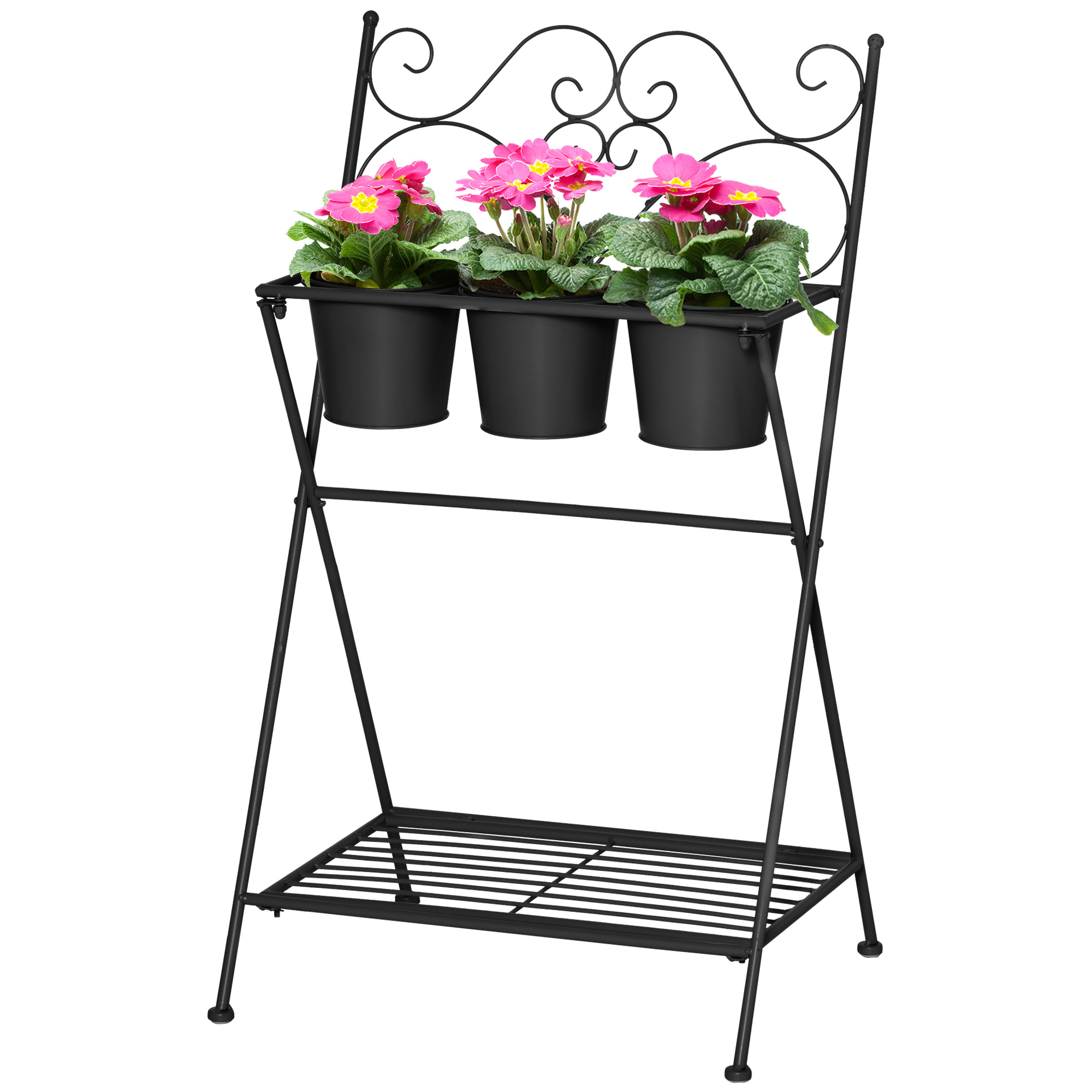 Outsunny Suport Metalic Pliabil pentru Plante, 3 Ghivece Incluse, Design Compact, 47x37x78.5 cm, Negru | Aosom Romania Outsunny Suport Metalic Pliabil pentru Plante, 3 Ghivece Incluse, Design Compact, 47x37x78.5 cm, Negru | Aosom Romania