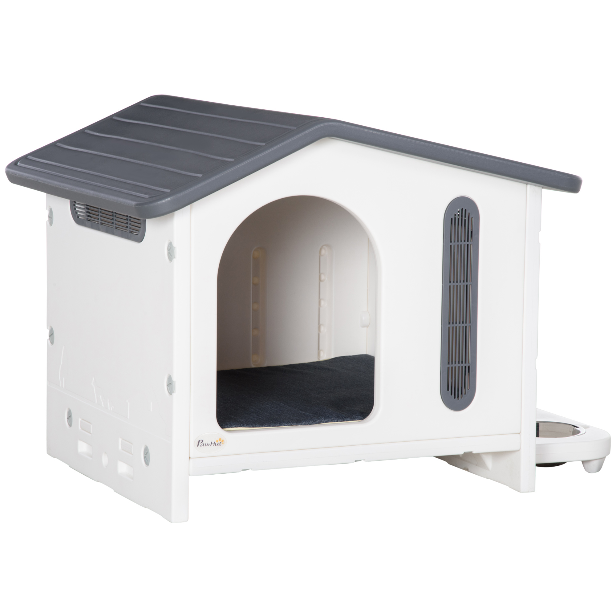 PawHut Casă Confortabilă pentru Câini, Include Tavă pentru Boluri, Ferestre și Pernă din Spumă, 70x64x56cm, Gri și Alb | Aosom Romania PawHut Casă Confortabilă pentru Câini, Include Tavă pentru Boluri, Ferestre și Pernă din Spumă, 70x64x56cm, Gri și Alb | Aosom Romania
