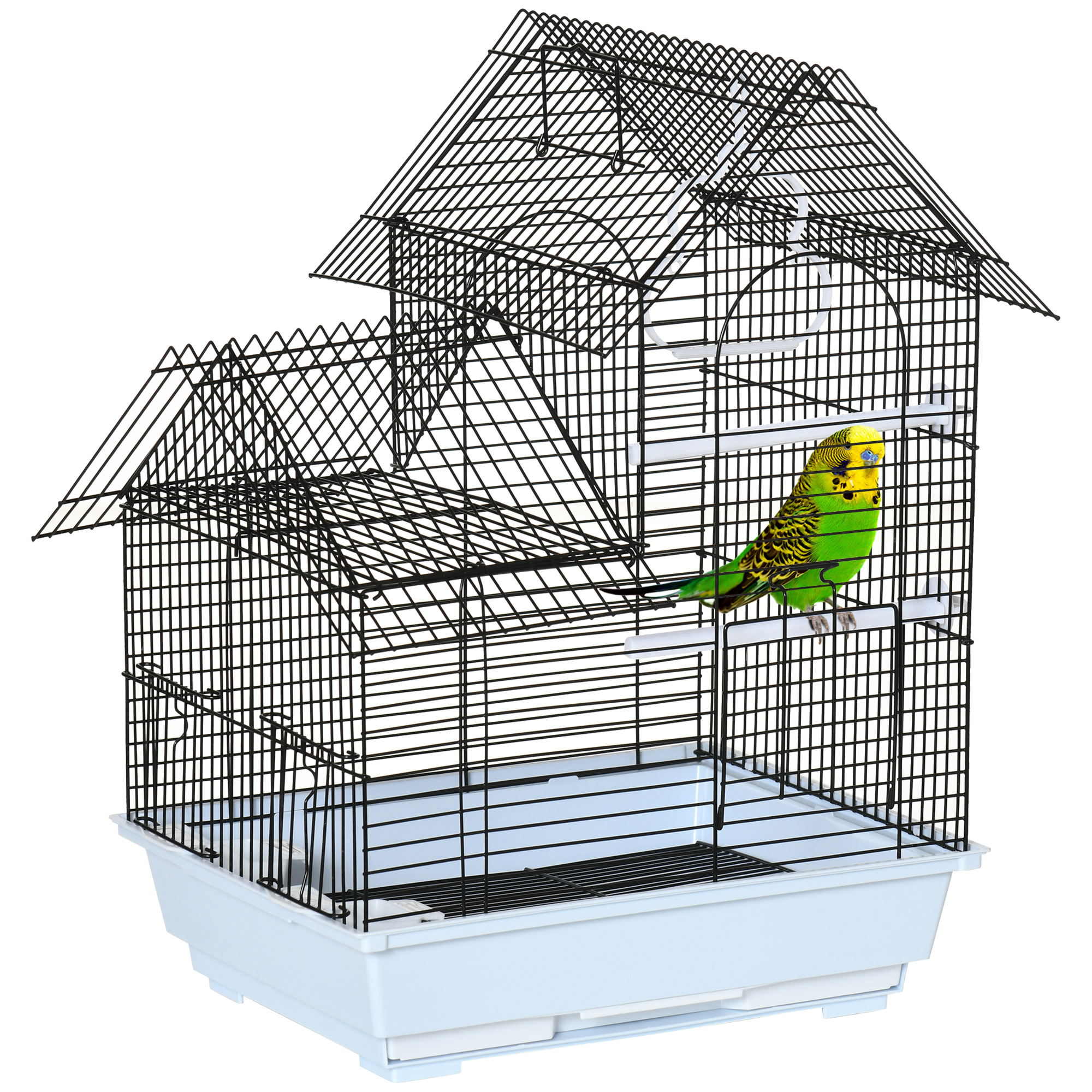 PawHut Colivie metalica cu maner, casa cu tava detasabila, cuiere si leagan din plastic, 39x33x47cm, alb | AOSOM RO PawHut Colivie metalica cu maner, casa cu tava detasabila, cuiere si leagan din plastic, 39x33x47cm, alb | AOSOM RO