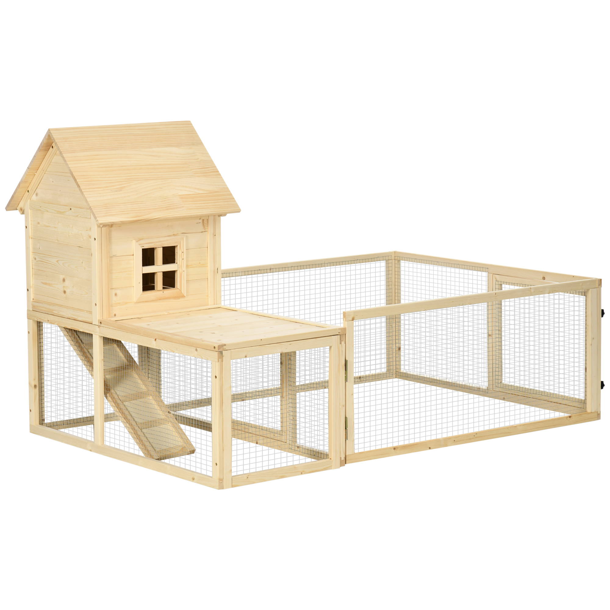 PawHut Cusca de interior din molid cu tava detasabila, 3 usi si zona exterioara, 151,5x106x97 cm, culoare lemn | AOSOM RO PawHut Cusca de interior din molid cu tava detasabila, 3 usi si zona exterioara, 151,5x106x97 cm, culoare lemn | AOSOM RO