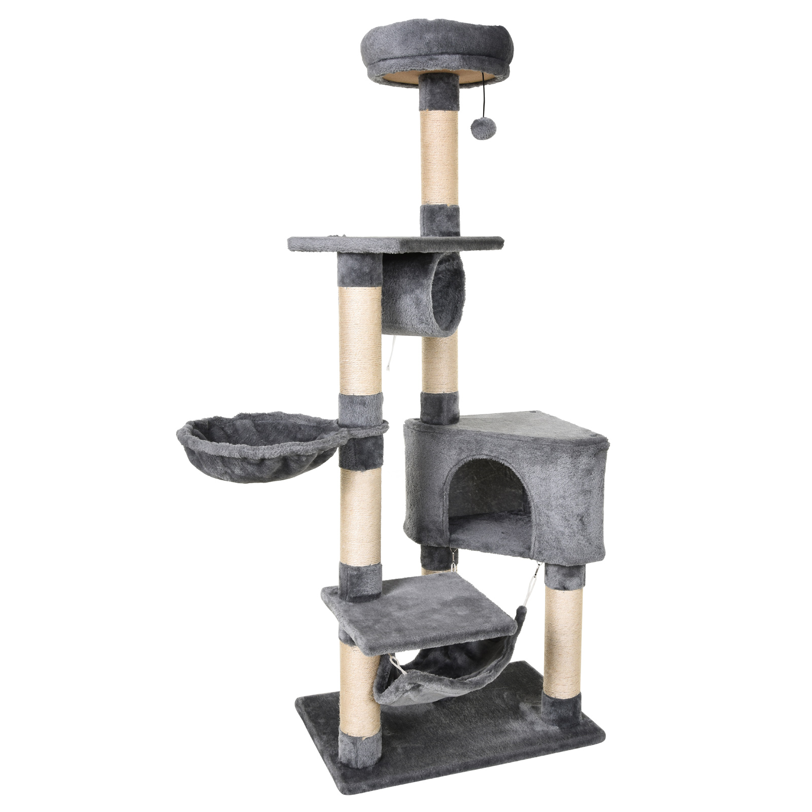 PawHut Stalp de zgarieturi pentru Pisici cu Cusca Hamac Patucuri Suspendate si Stalpi din Franghie Sisal Gri 60x40x154cm PawHut Stalp de zgarieturi pentru Pisici cu Cusca Hamac Patucuri Suspendate si Stalpi din Franghie Sisal Gri 60x40x154cm