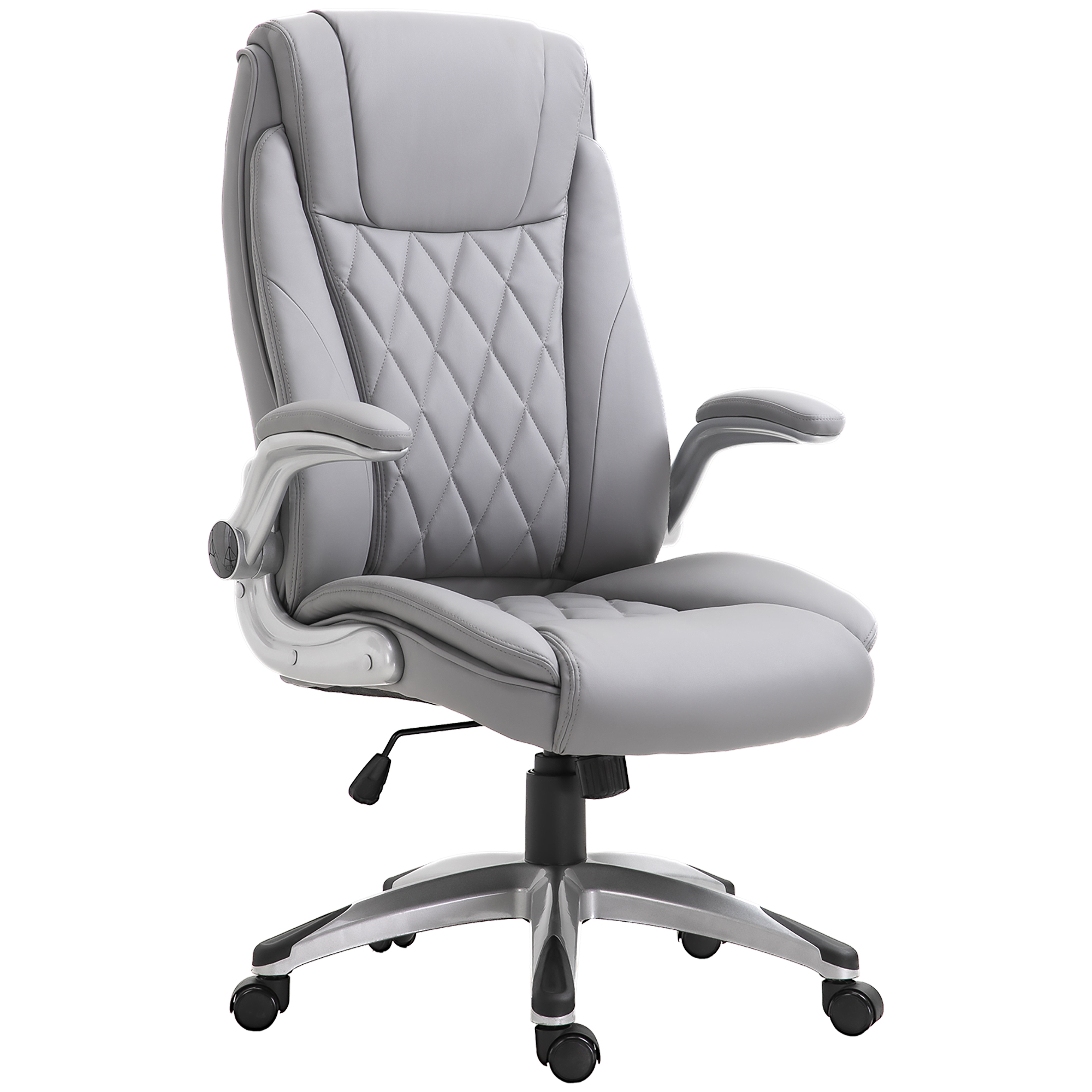Scaun de birou ergonomic cu captuseala, inaltime reglabila si 5 roti pivotante, piele PU si cauciuc spuma, 69,5x76x113-121 cm, gri Vinsetto | Aosom RO Scaun de birou ergonomic cu captuseala, inaltime reglabila si 5 roti pivotante, piele PU si cauciuc spuma, 69,5x76x113-121 cm, gri Vinsetto | Aosom RO
