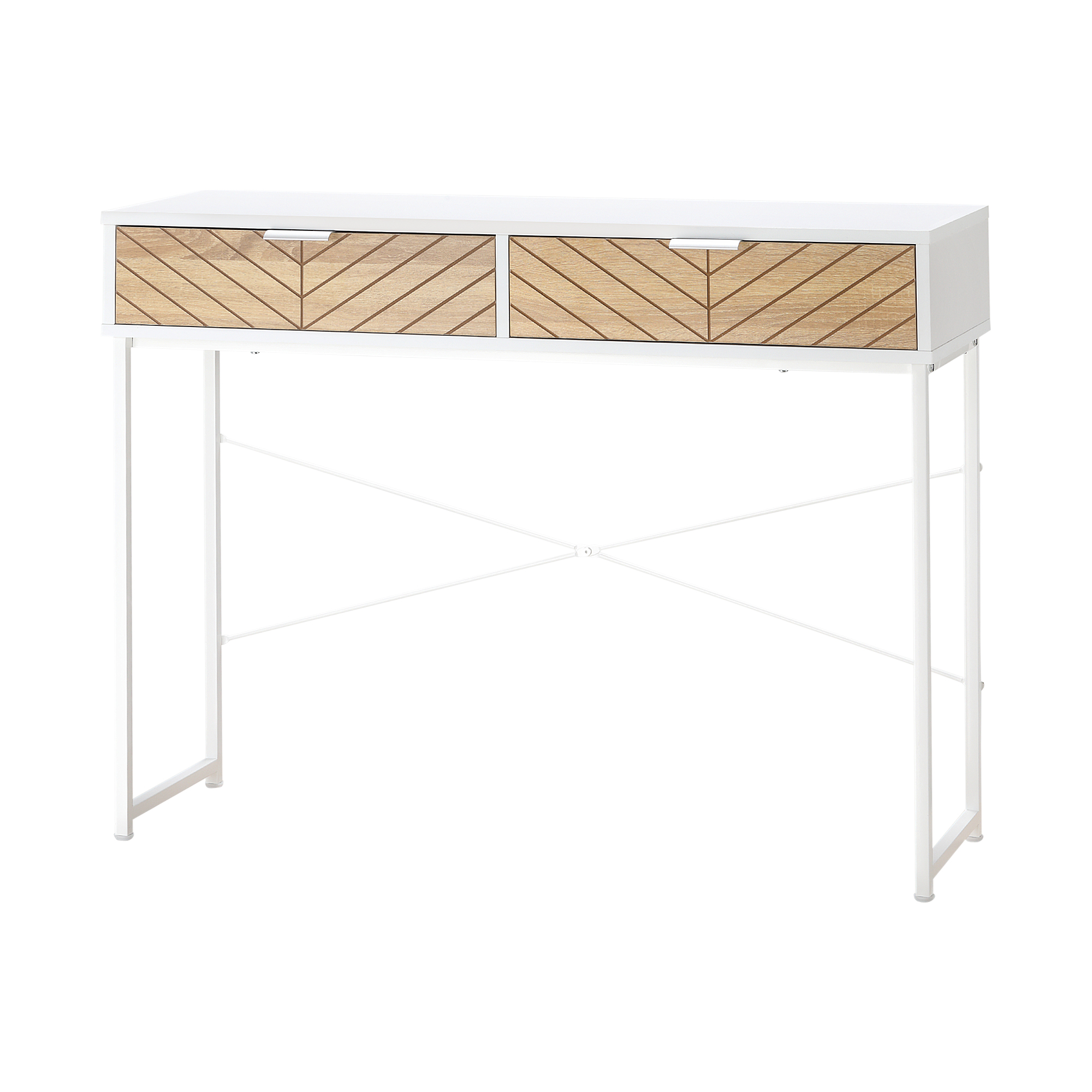 Consola Moderna HOMCOM cu 2 Sertare, Masa pentru Hol Metalica cu Structura Incrucisata, Masuta pentru Sufragerie, Alba Consola Moderna HOMCOM cu 2 Sertare, Masa pentru Hol Metalica cu Structura Incrucisata, Masuta pentru Sufragerie, Alba
