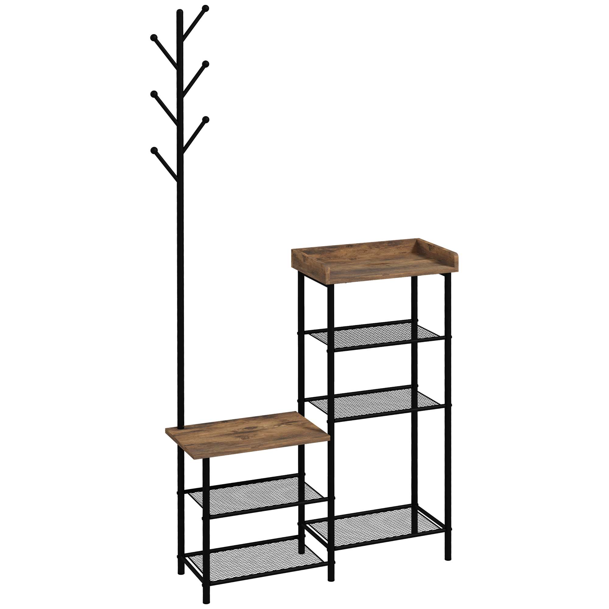 Cuier pentru Haine de Podea cu 6 Carlige HOMCOM, PAL si Otel cu Dulap de Pantofi cu Rafturi, 92.5x28.2x182cm, Maro | Aosom RO Cuier pentru Haine de Podea cu 6 Carlige HOMCOM, PAL si Otel cu Dulap de Pantofi cu Rafturi, 92.5x28.2x182cm, Maro | Aosom RO