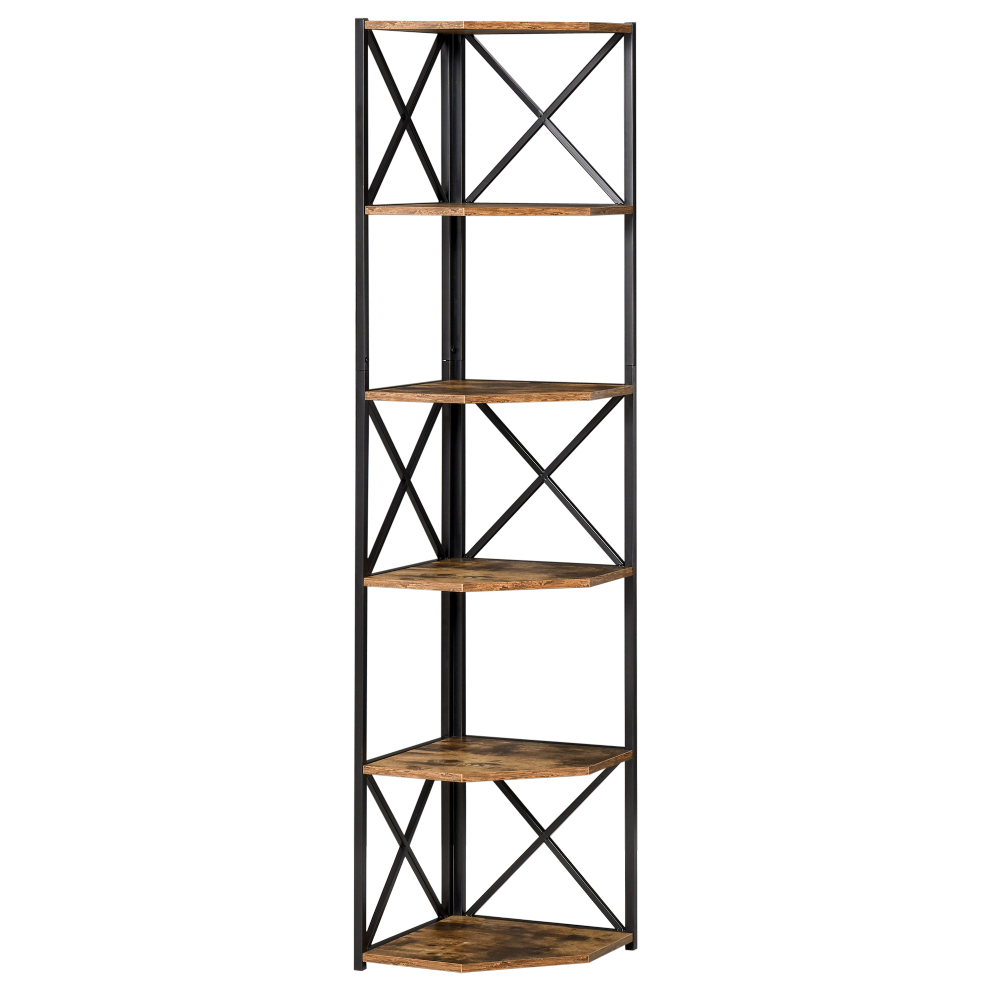 HOMCOM Biblioteca pe colt, Raft Industrial din Lemn si Metal cu 5 Etajere, raft de perete, Maro Rustic | AOSOM RO HOMCOM Biblioteca pe colt, Raft Industrial din Lemn si Metal cu 5 Etajere, raft de perete, Maro Rustic | AOSOM RO