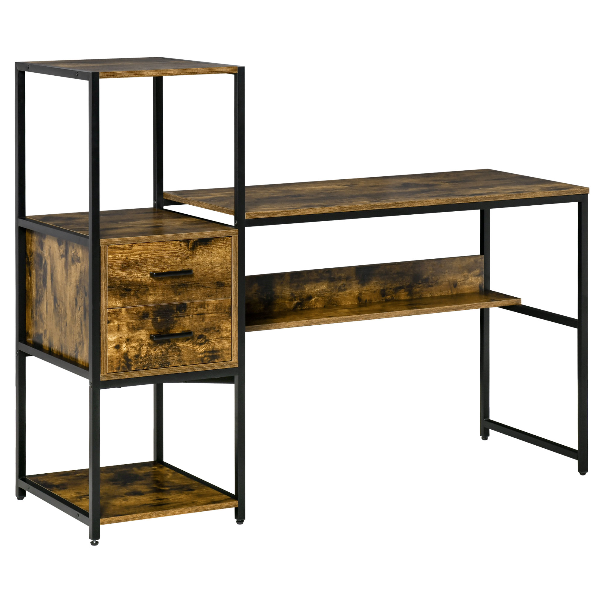 HOMCOM Birou pentru PC cu Rafturi și Sertare, din PAL și Oțel, 140x50x110cm, Negru și Maro | Aosom Romania HOMCOM Birou pentru PC cu Rafturi și Sertare, din PAL și Oțel, 140x50x110cm, Negru și Maro | Aosom Romania