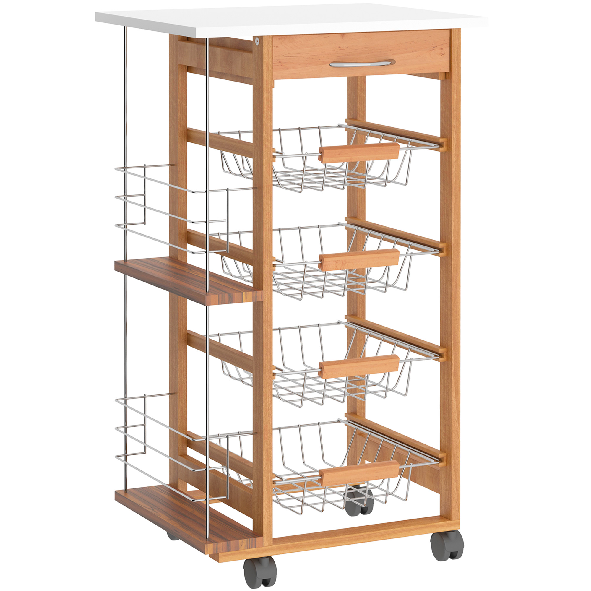 HOMCOM Cărucior de Bucătărie din Lemn Maro, Suport Alimente, 1 Sertar, 4 Coșuri Metalice, MDF, Lemn de Pin, Metal, 47x37x83cm | Aosom Romania HOMCOM Cărucior de Bucătărie din Lemn Maro, Suport Alimente, 1 Sertar, 4 Coșuri Metalice, MDF, Lemn de Pin, Metal, 47x37x83cm | Aosom Romania